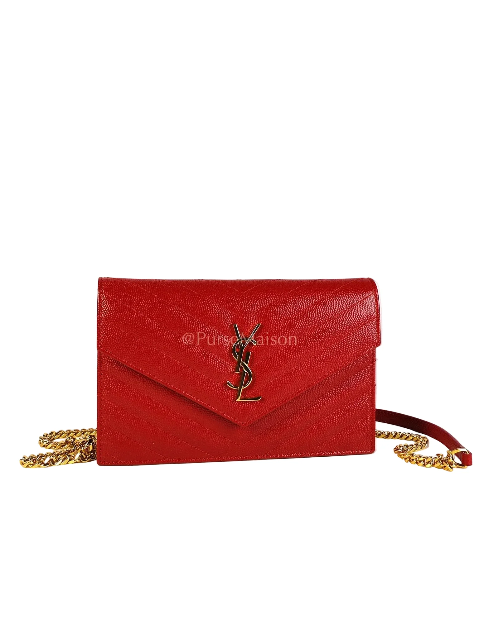 Yves Saint Laurent Cassandre Wallet on Chain (WOC) in Red Grained Calfskin Leather Chain Bag
