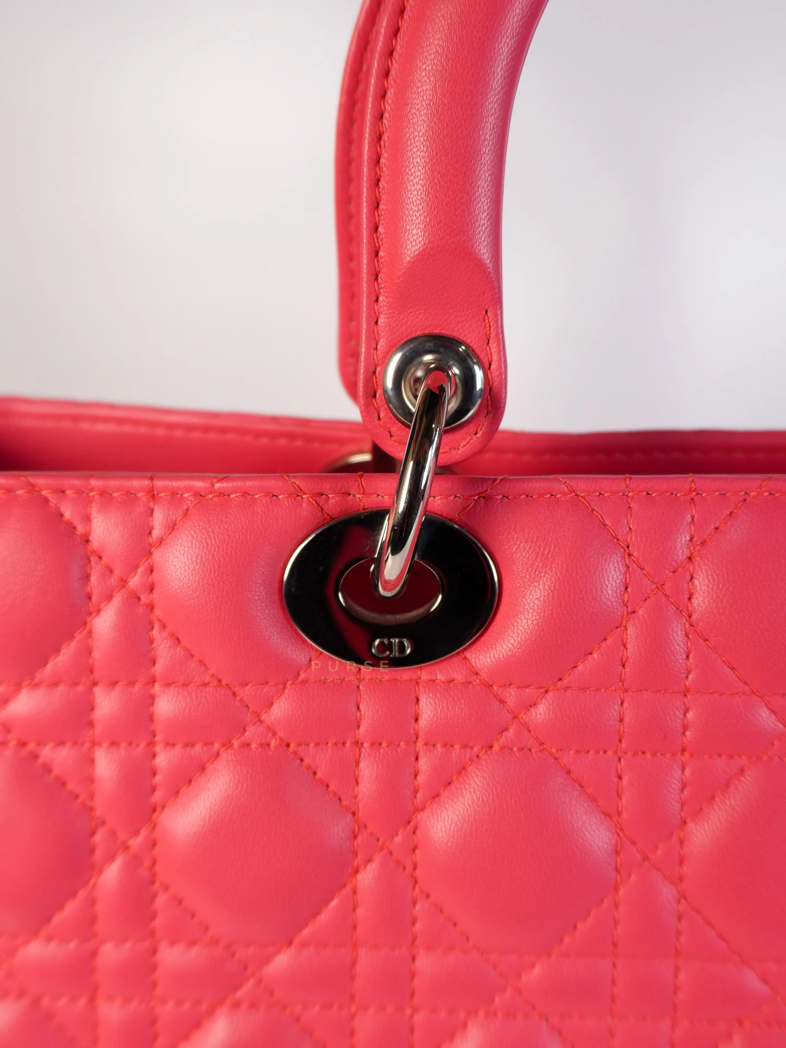Christian Dior Lady Dior Large Coral Pink Cannage Lambskin Leather in Silver Hardware - Image 22