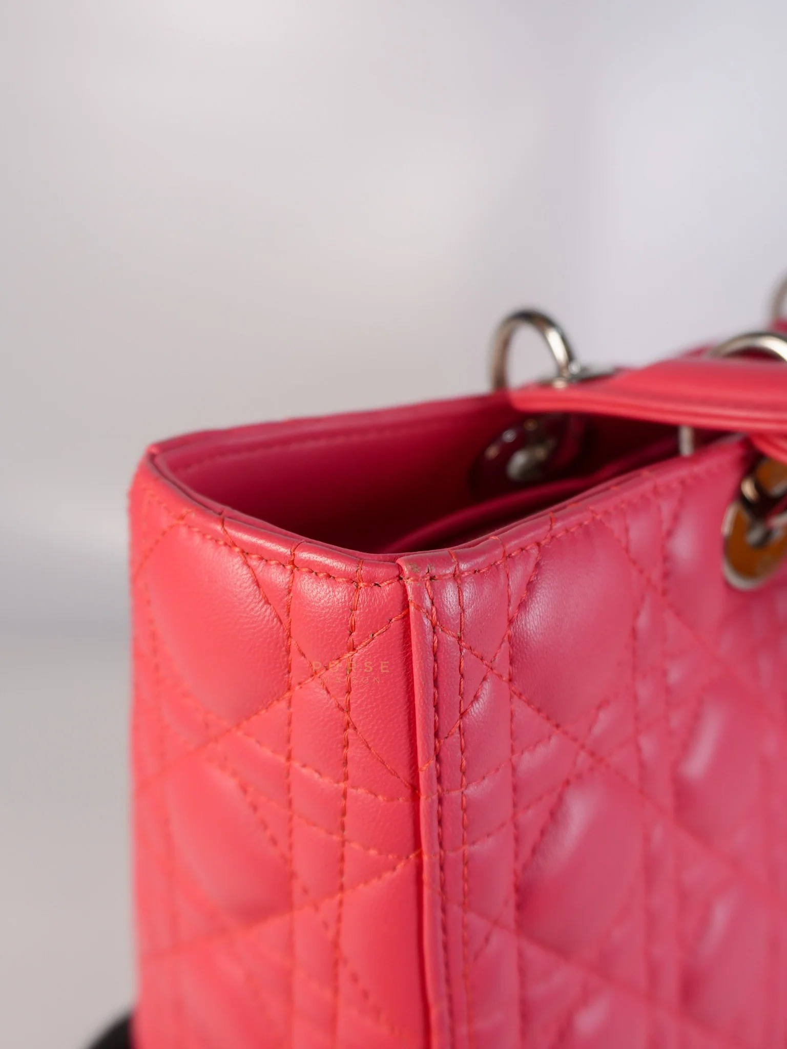 Christian Dior Lady Dior Large Coral Pink Cannage Lambskin Leather in Silver Hardware - Image 25