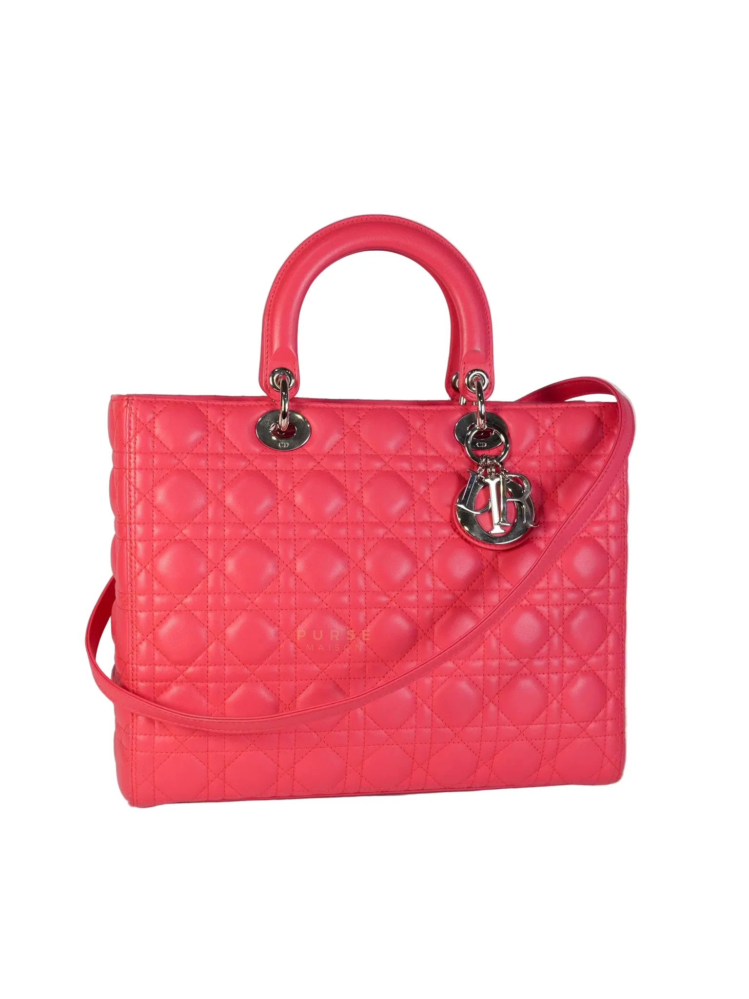 Christian Dior Lady Dior Large Coral Pink Cannage Lambskin Leather in Silver Hardware - Image 3