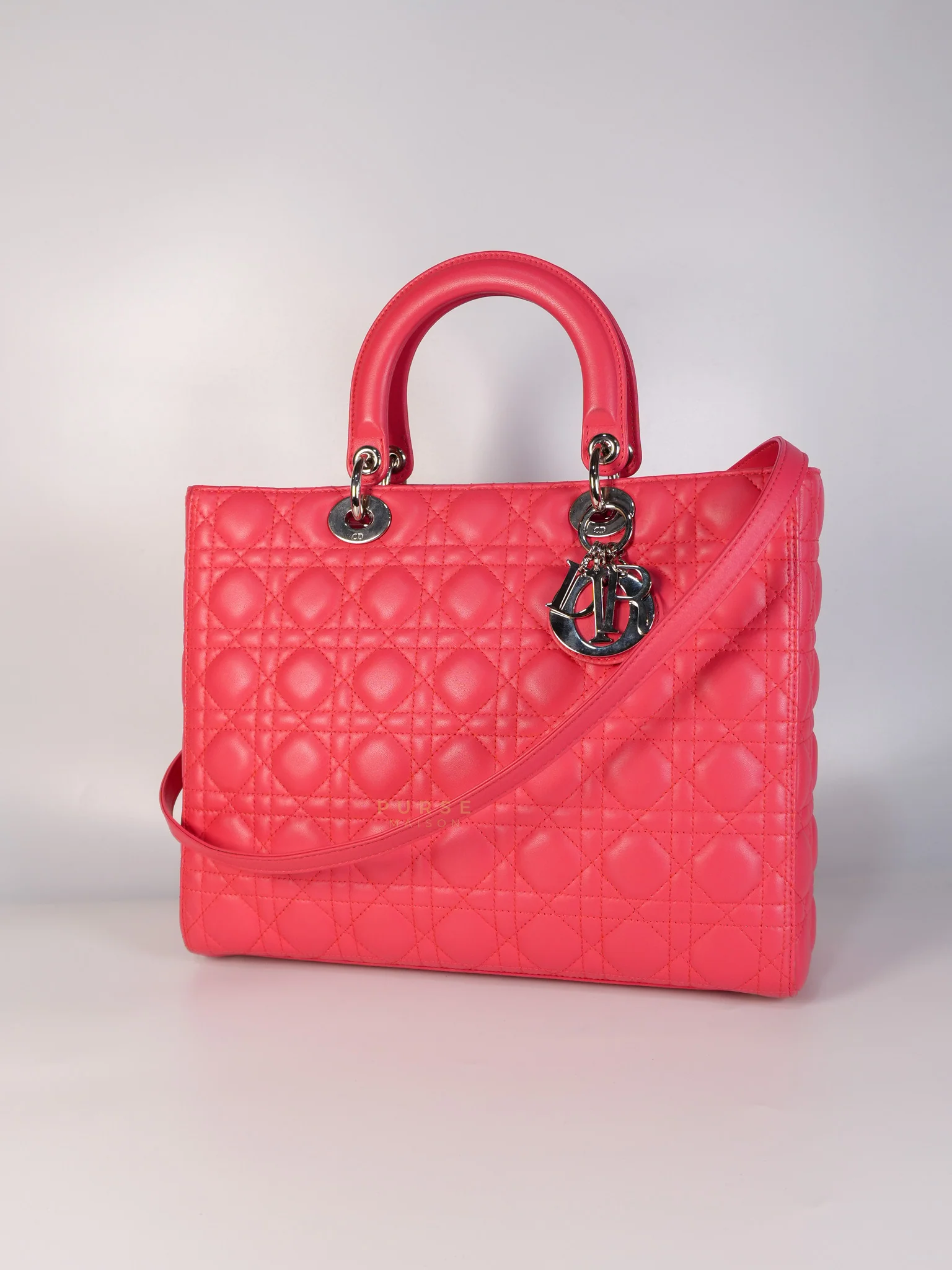 Christian Dior Lady Dior Large Coral Pink Cannage Lambskin Leather in Silver Hardware - Image 4