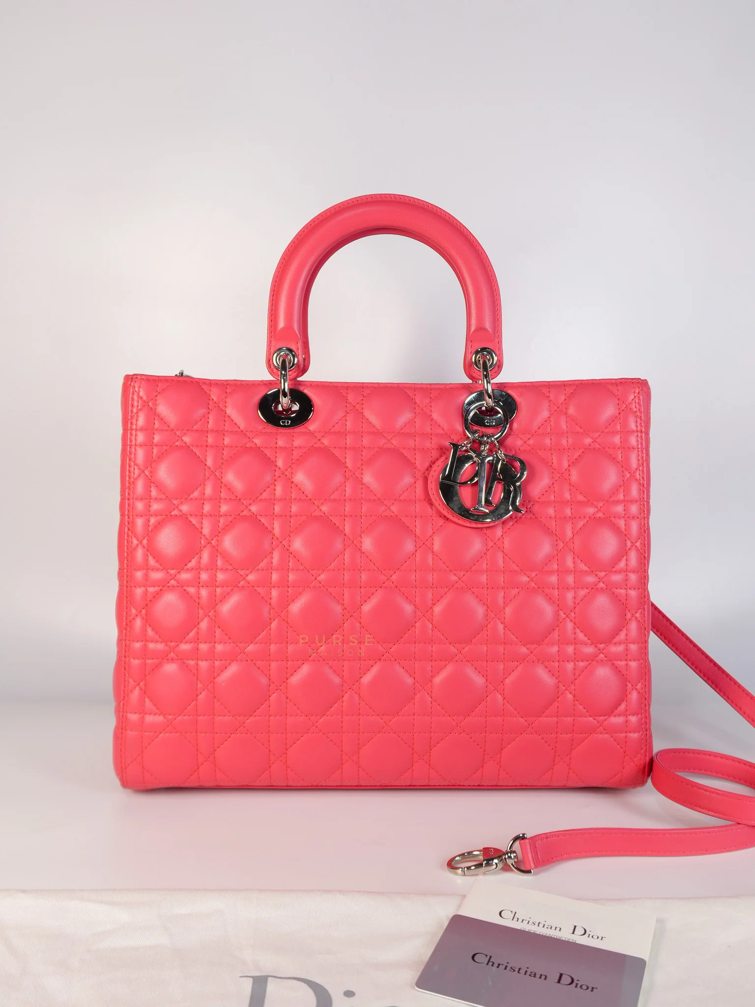 Christian Dior Lady Dior Large Coral Pink Cannage Lambskin Leather in Silver Hardware - Image 51