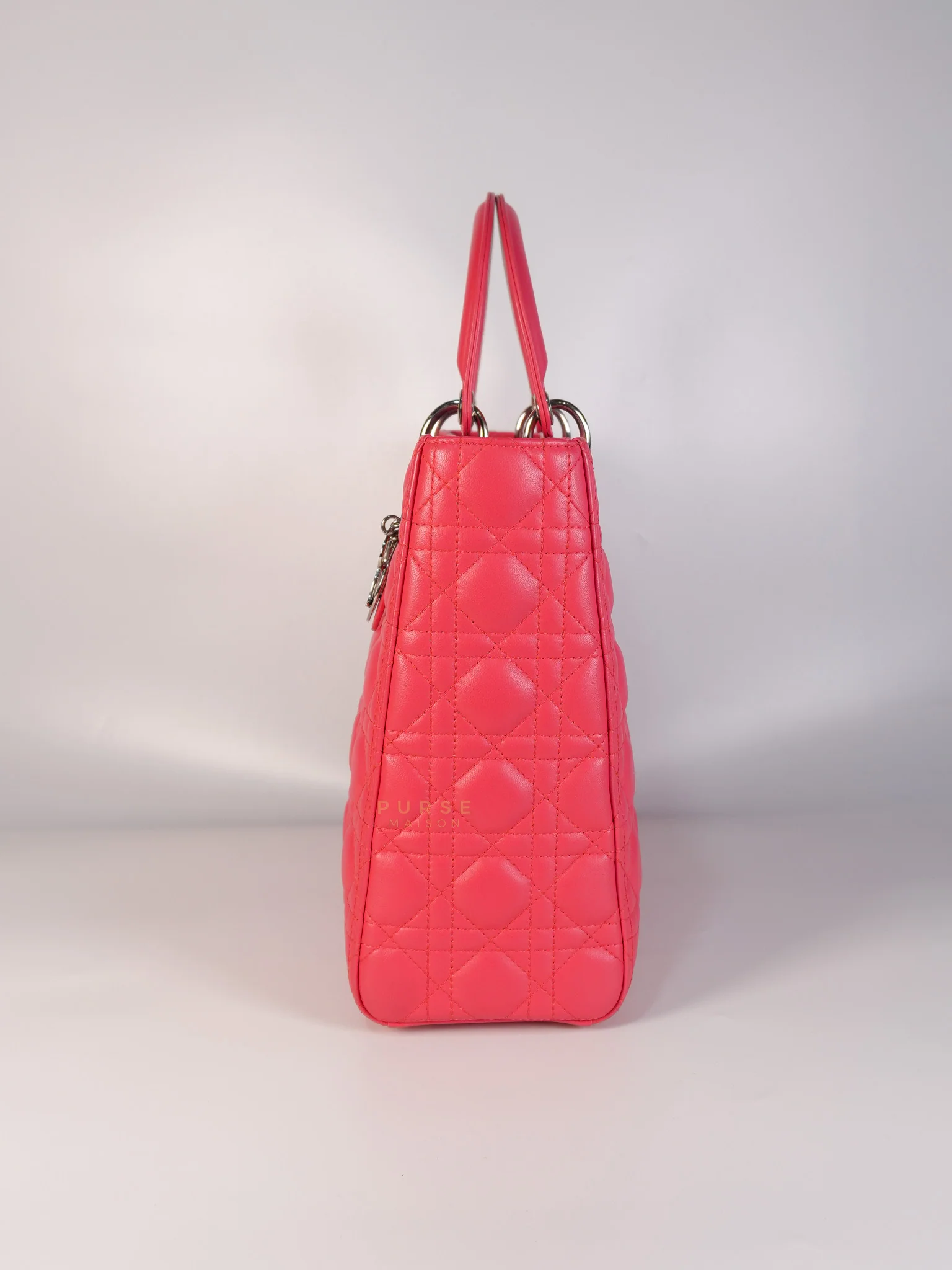 Christian Dior Lady Dior Large Coral Pink Cannage Lambskin Leather in Silver Hardware - Image 7