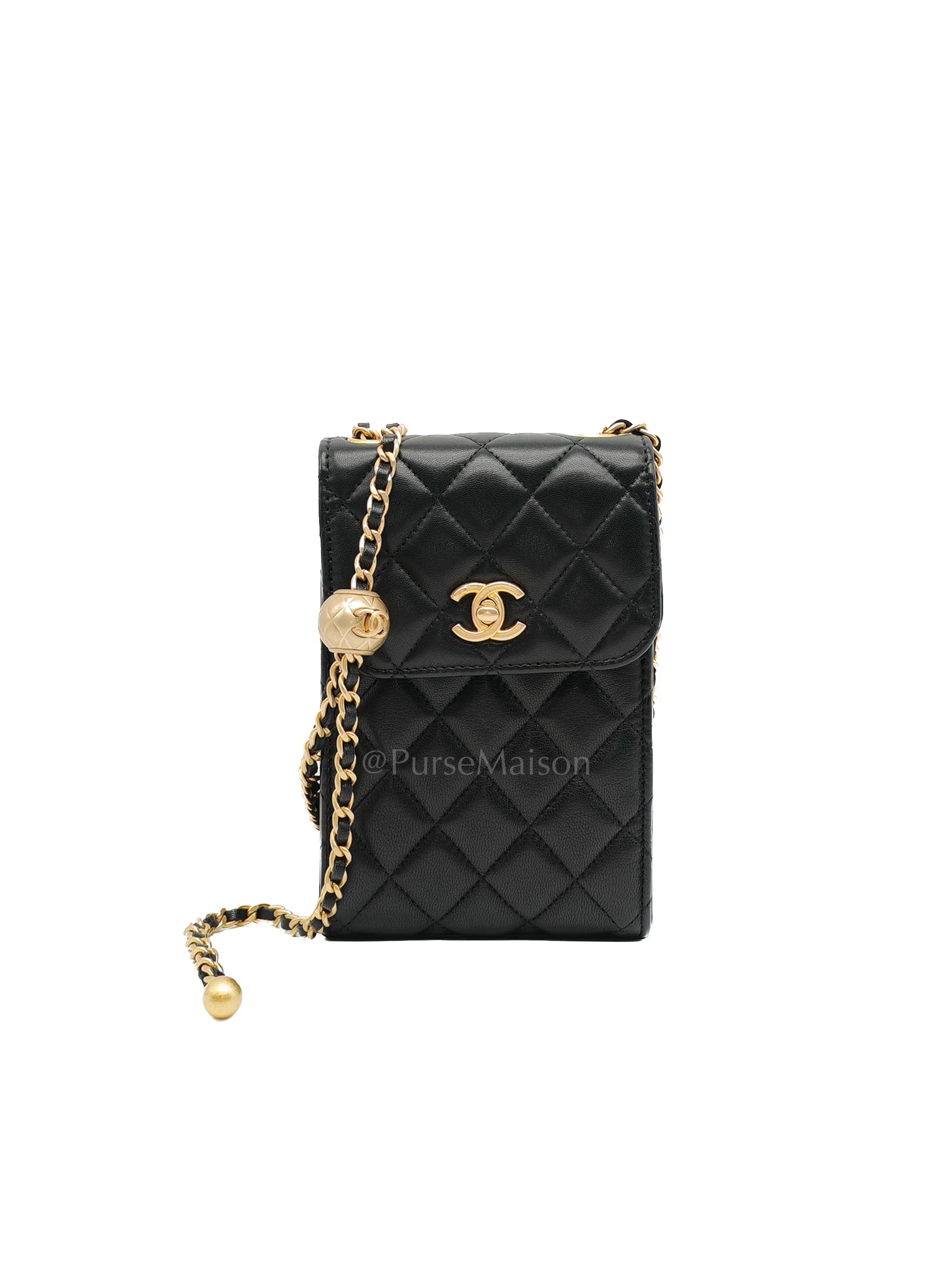 Chanel Phone Holder Pearl Crush Black Lambskin Leather in Aged Gold Hardware (Series 30)