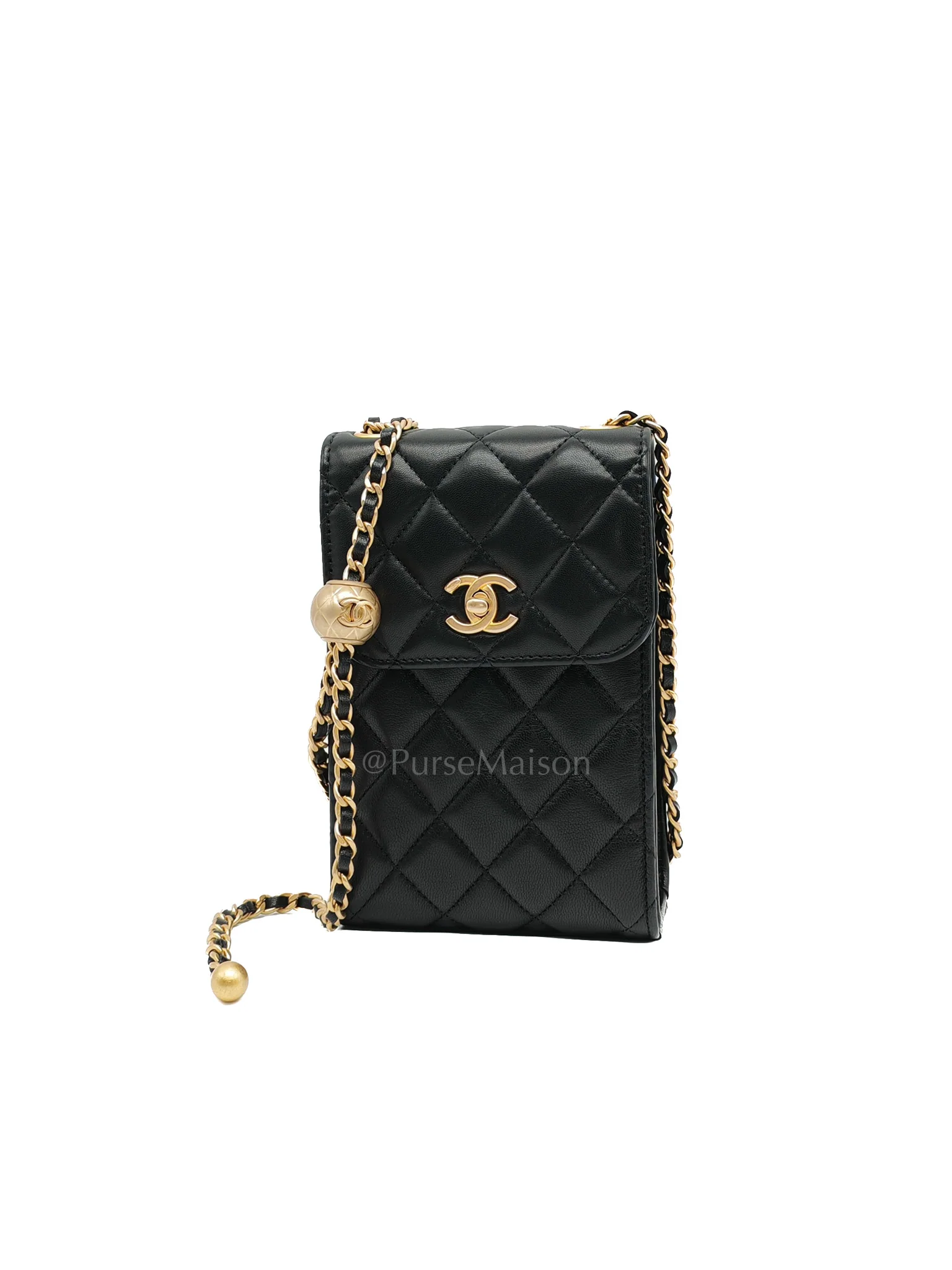 Chanel Phone Holder Pearl Crush Black Lambskin Leather in Aged Gold Hardware (Series 30) - Image 2