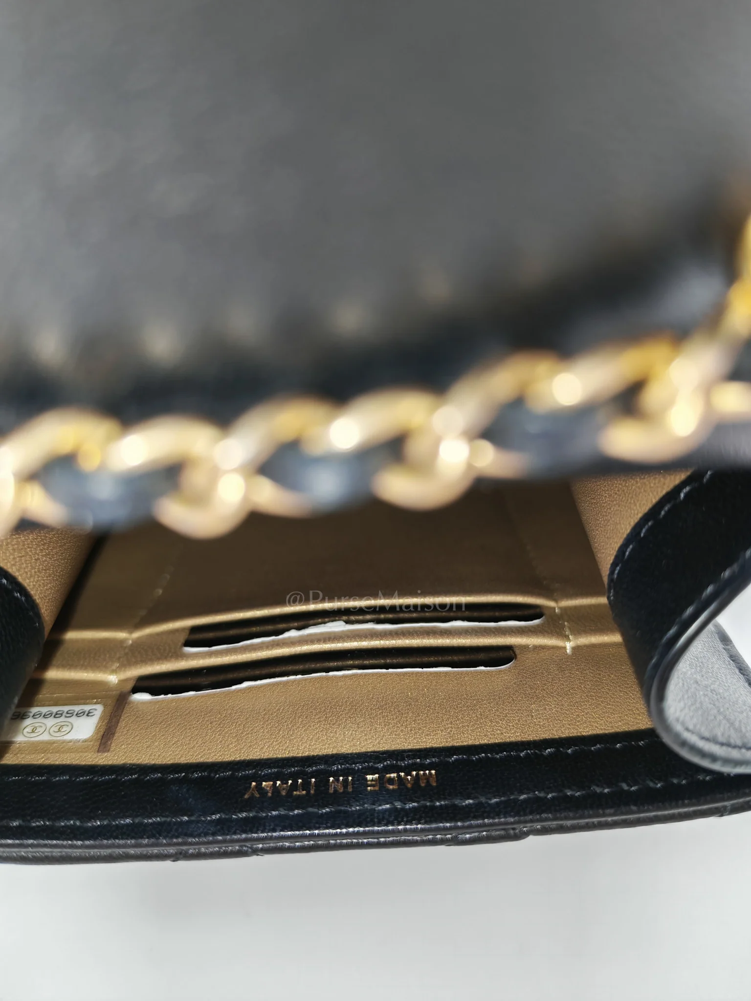 Chanel Phone Holder Pearl Crush Black Lambskin Leather in Aged Gold Hardware (Series 30) - Image 21