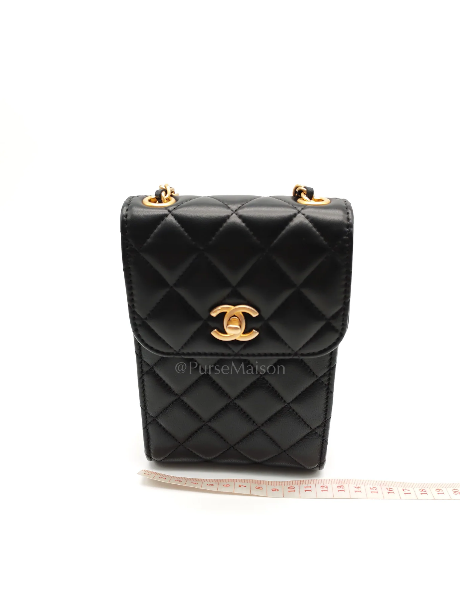Chanel Phone Holder Pearl Crush Black Lambskin Leather in Aged Gold Hardware (Series 30) - Image 24