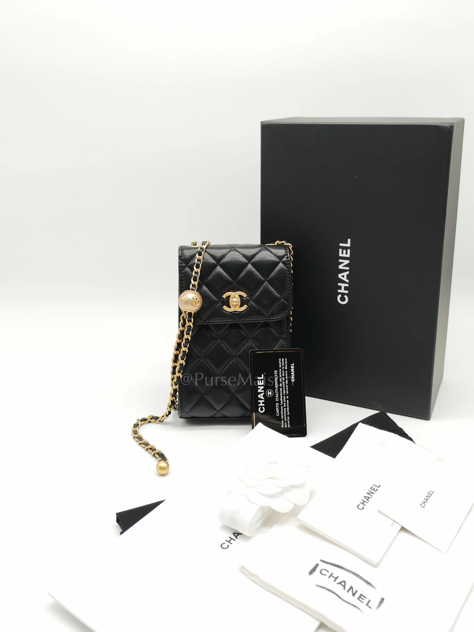 Chanel Phone Holder Pearl Crush Black Lambskin Leather in Aged Gold Hardware (Series 30) - Image 27