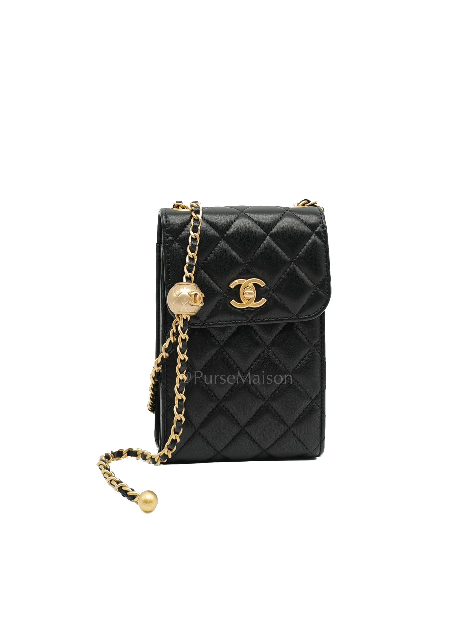 Chanel Phone Holder Pearl Crush Black Lambskin Leather in Aged Gold Hardware (Series 30) - Image 3