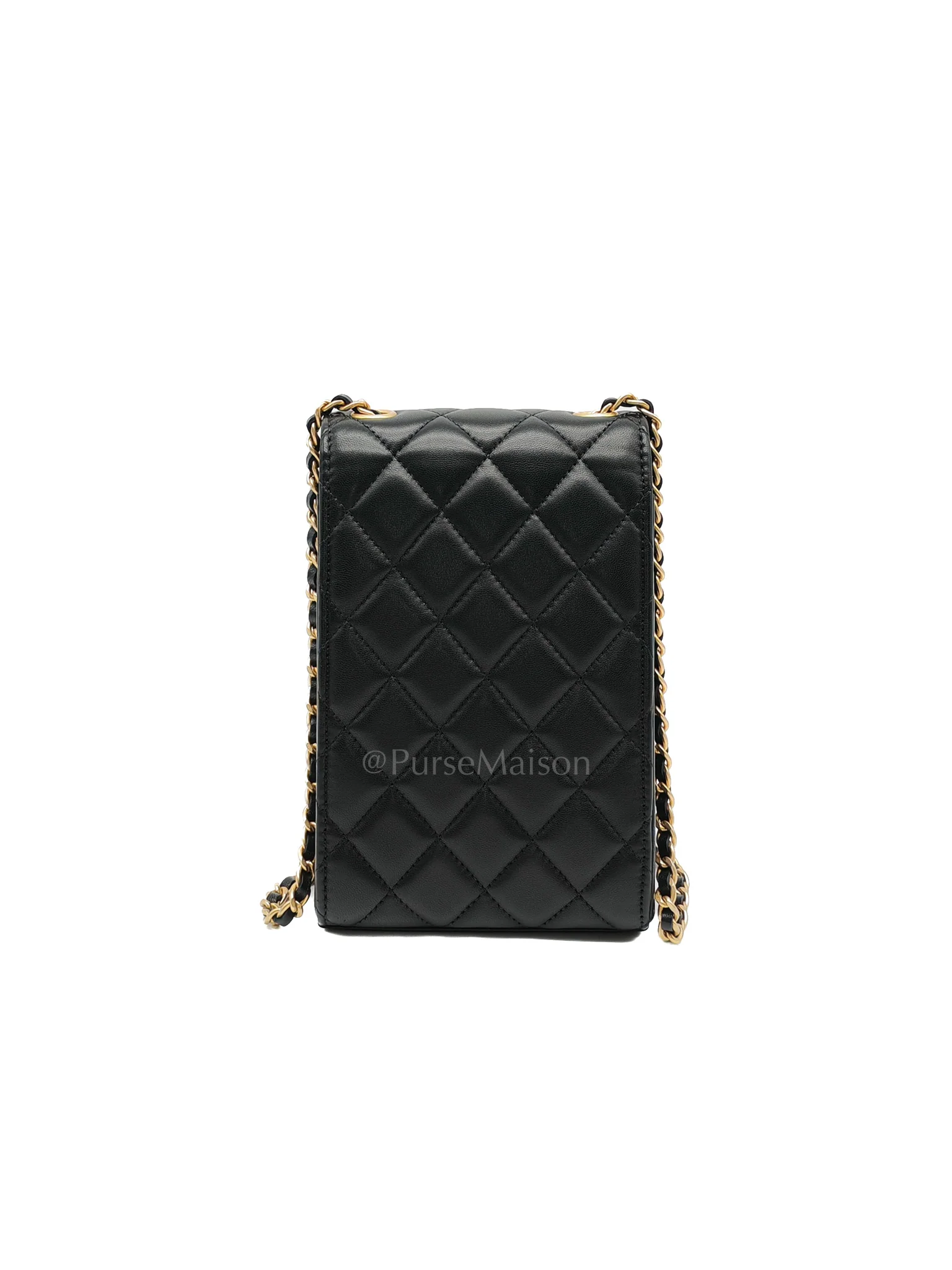 Chanel Phone Holder Pearl Crush Black Lambskin Leather in Aged Gold Hardware (Series 30) - Image 4
