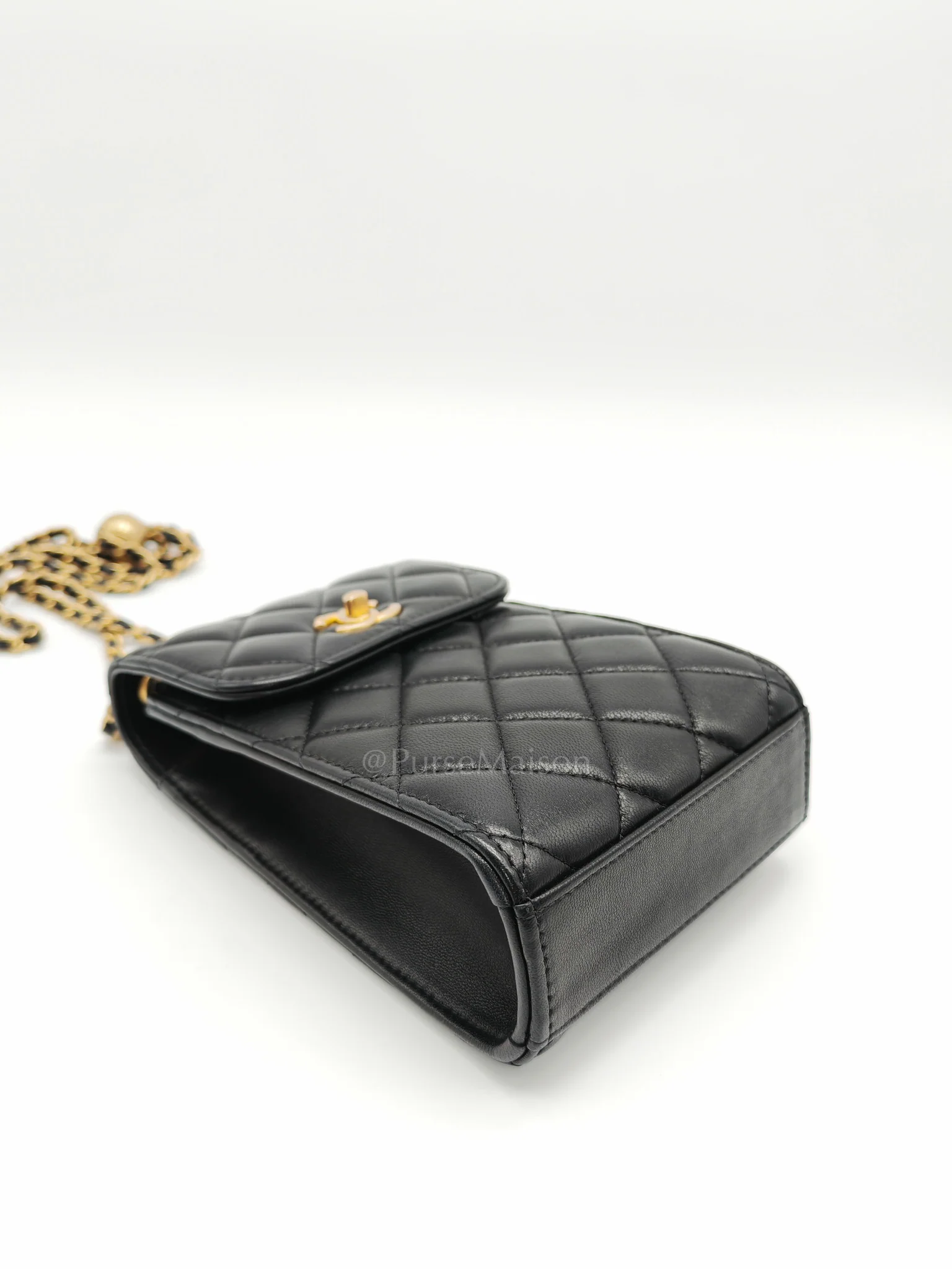 Chanel Phone Holder Pearl Crush Black Lambskin Leather in Aged Gold Hardware (Series 30) - Image 8