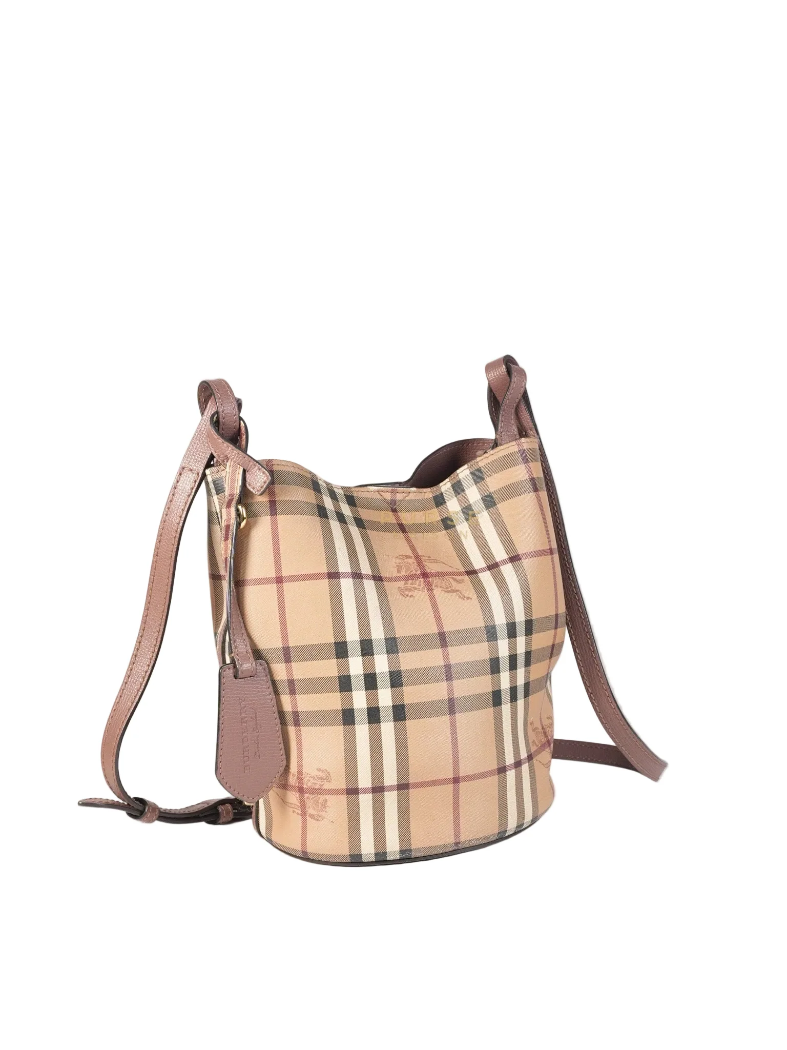 Burberry Lorne Small Haymarket Check Bucket Bag – Light Elderberry/Leather - Image 2