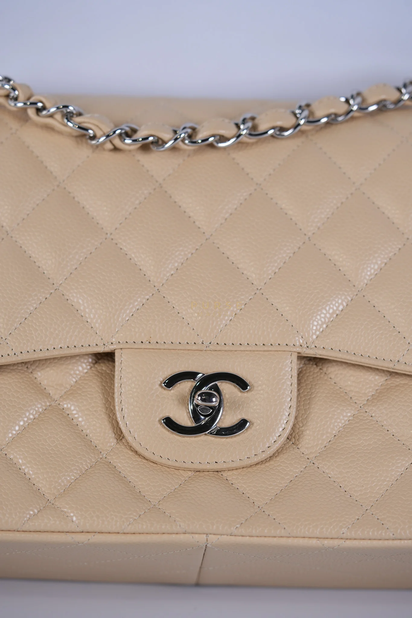 Chanel Classic Double Flap Jumbo Beige Clair Caviar Leather Silver Hardware (Series 17) - Image 19