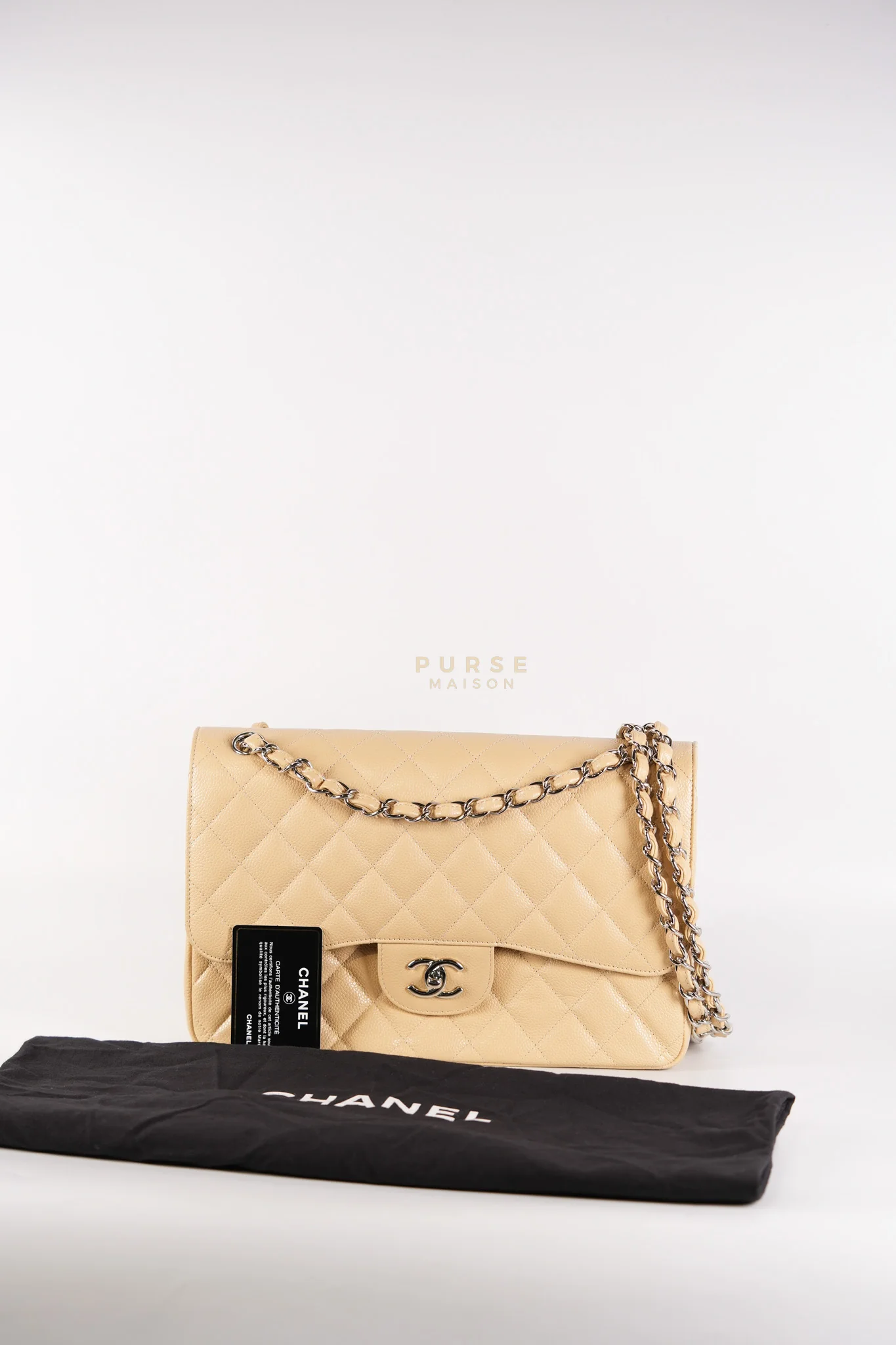 Chanel Classic Double Flap Jumbo Beige Clair Caviar Leather Silver Hardware (Series 17) - Image 39