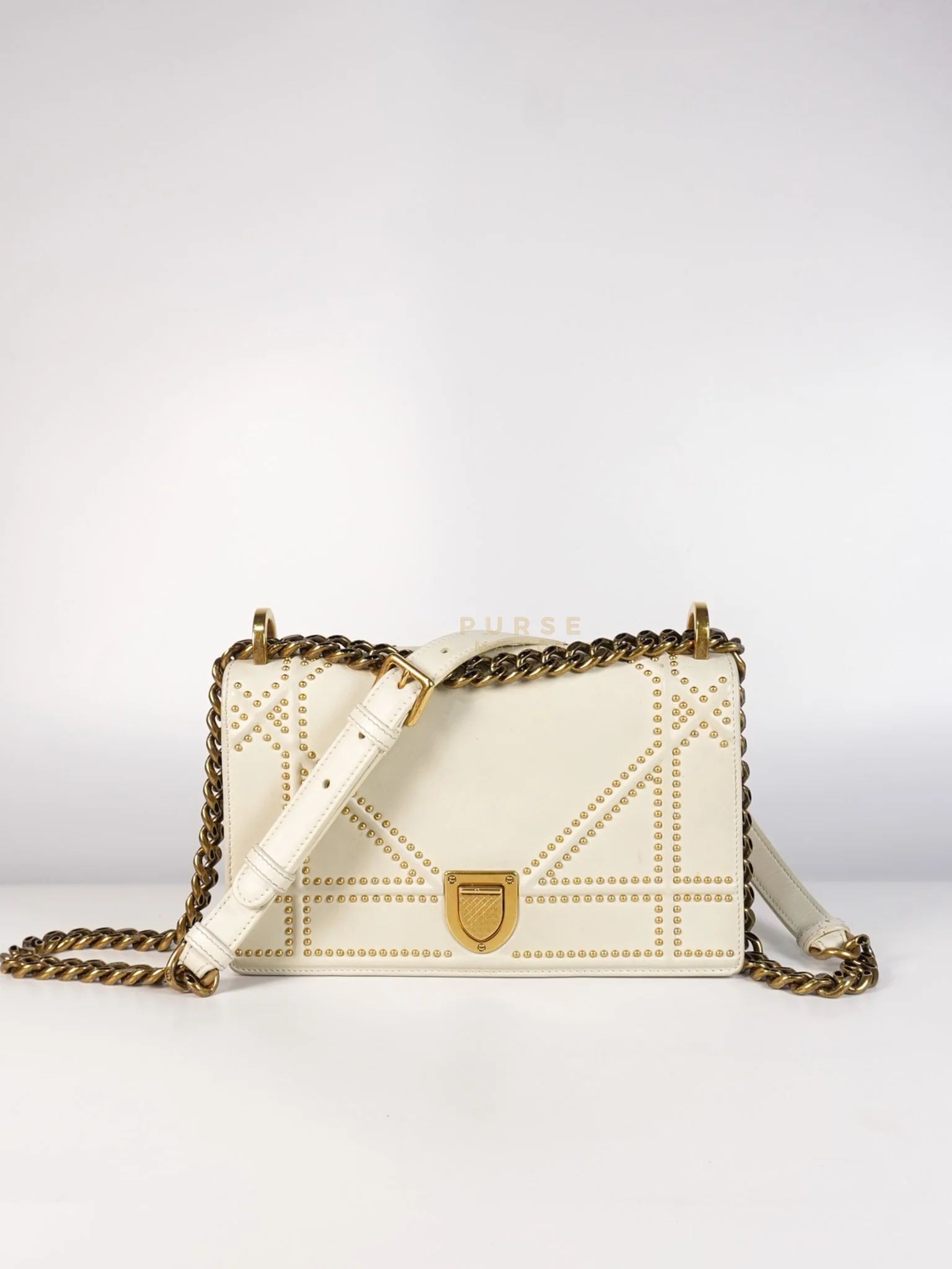 Christian Dior Diorama Small Studded Ivory Calfskin Leather Crossbody Bag