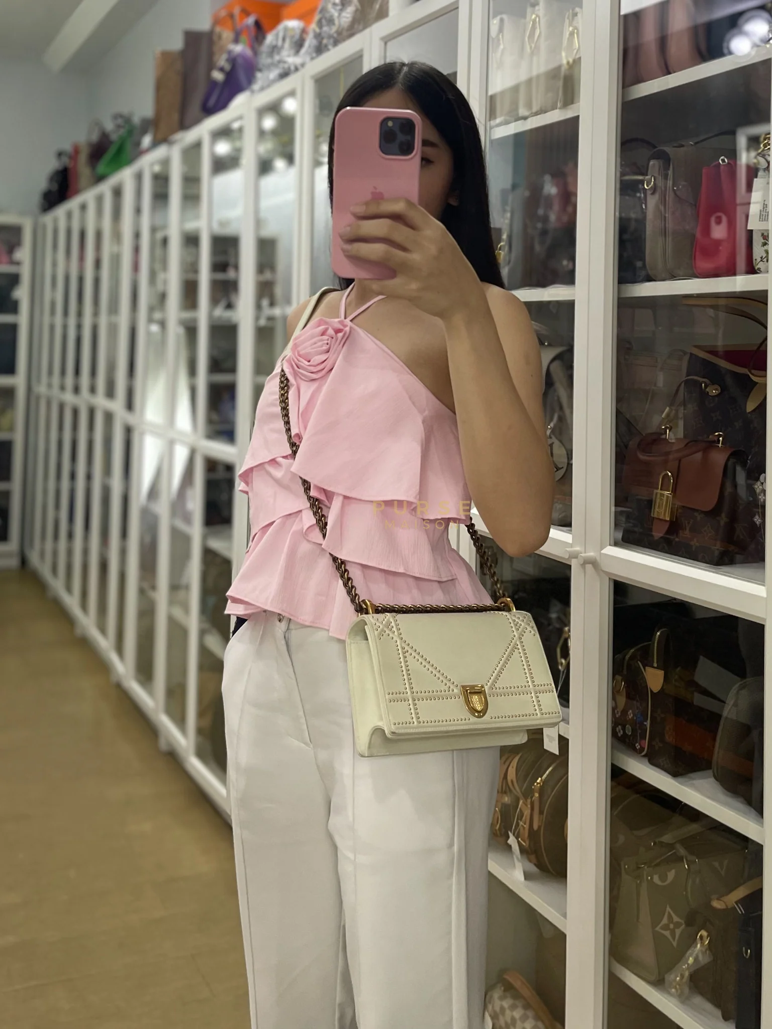 Christian Dior Diorama Small Studded Ivory Calfskin Leather Crossbody Bag - Image 32