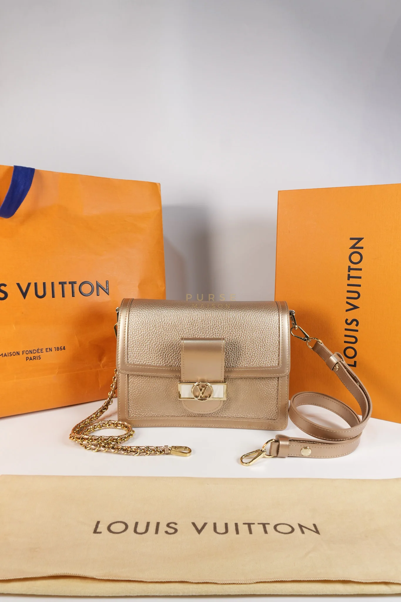 Louis Vuitton Dauphine PM in Metallic Gold Grained Calfskin Leather (Microchip) - Image 34