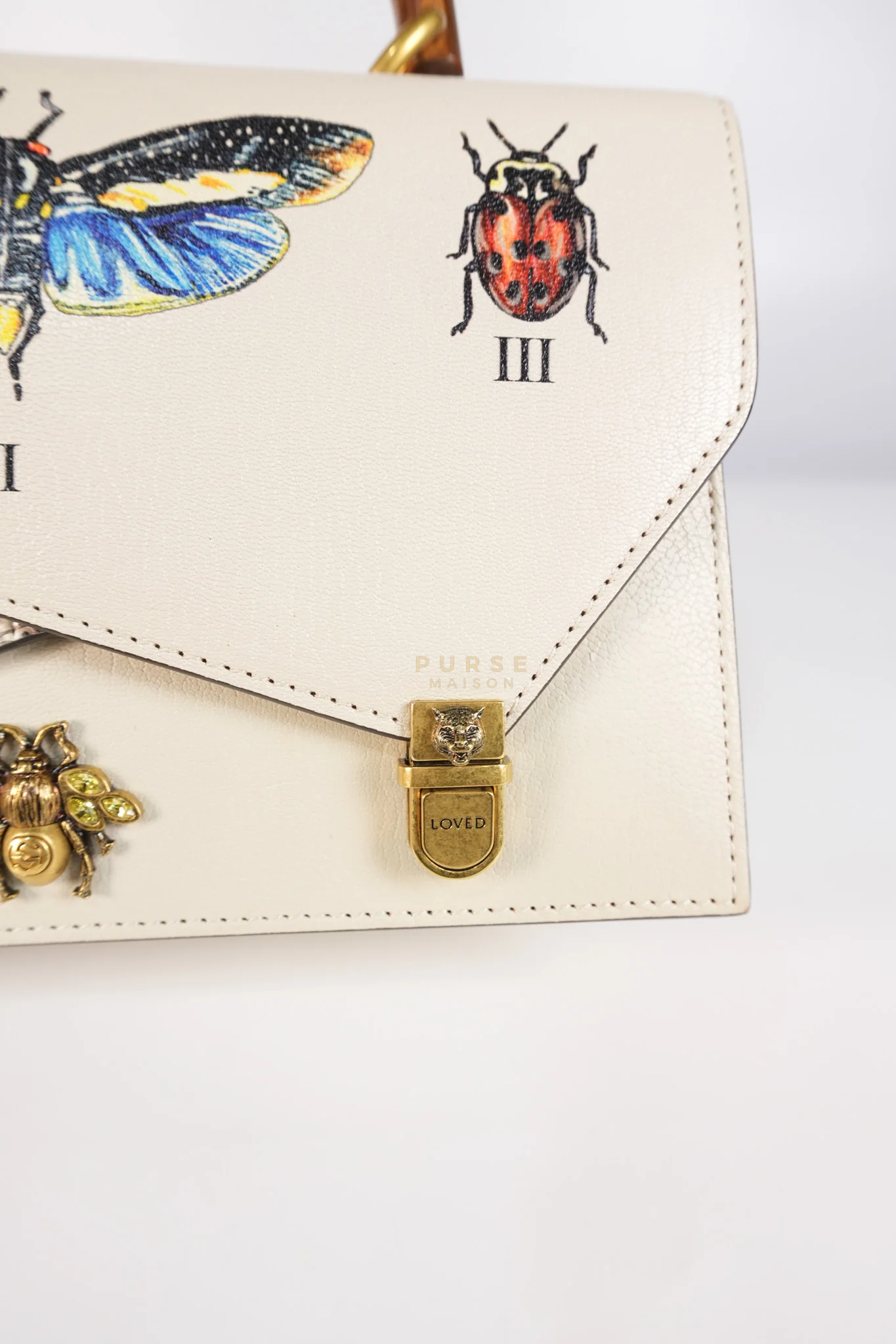Gucci Ottilia Bee Printed Bamboo Top Handle Bag Small in Cream Leather and Snakeskin - Image 24