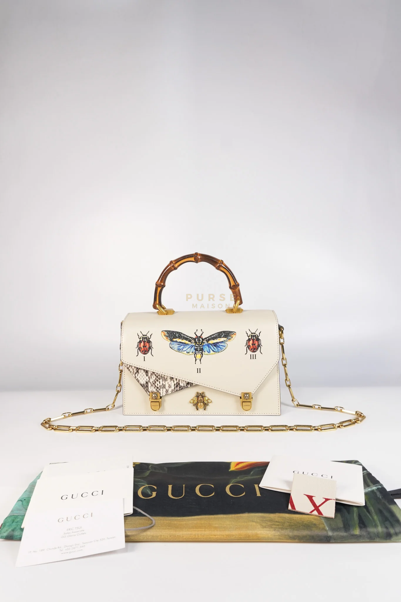 Gucci Ottilia Bee Printed Bamboo Top Handle Bag Small in Cream Leather and Snakeskin - Image 40
