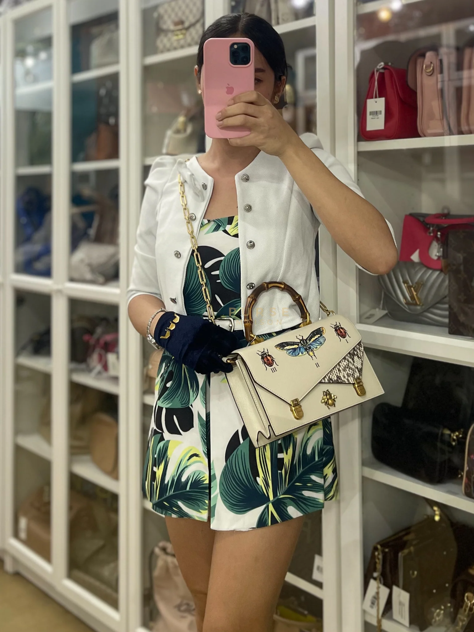 Gucci Ottilia Bee Printed Bamboo Top Handle Bag Small in Cream Leather and Snakeskin - Image 44