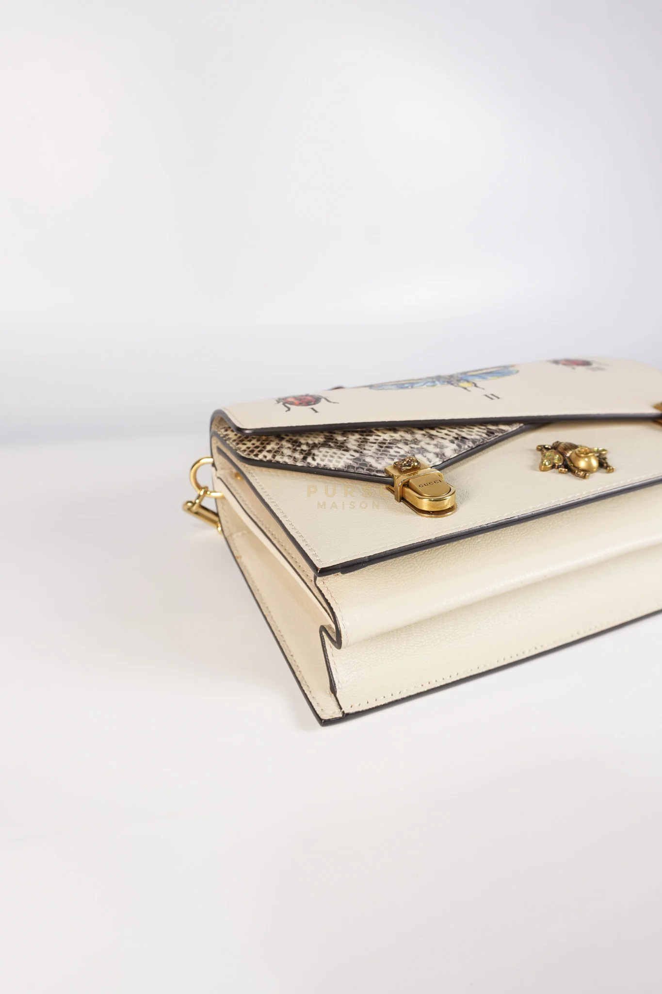 Gucci Ottilia Bee Printed Bamboo Top Handle Bag Small in Cream Leather and Snakeskin - Image 8