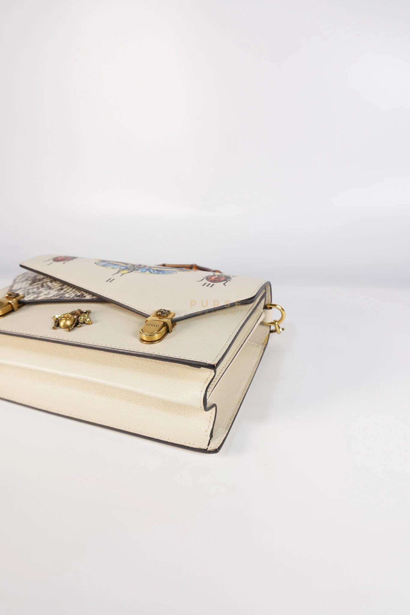 Gucci Ottilia Bee Printed Bamboo Top Handle Bag Small in Cream Leather and Snakeskin - Image 9