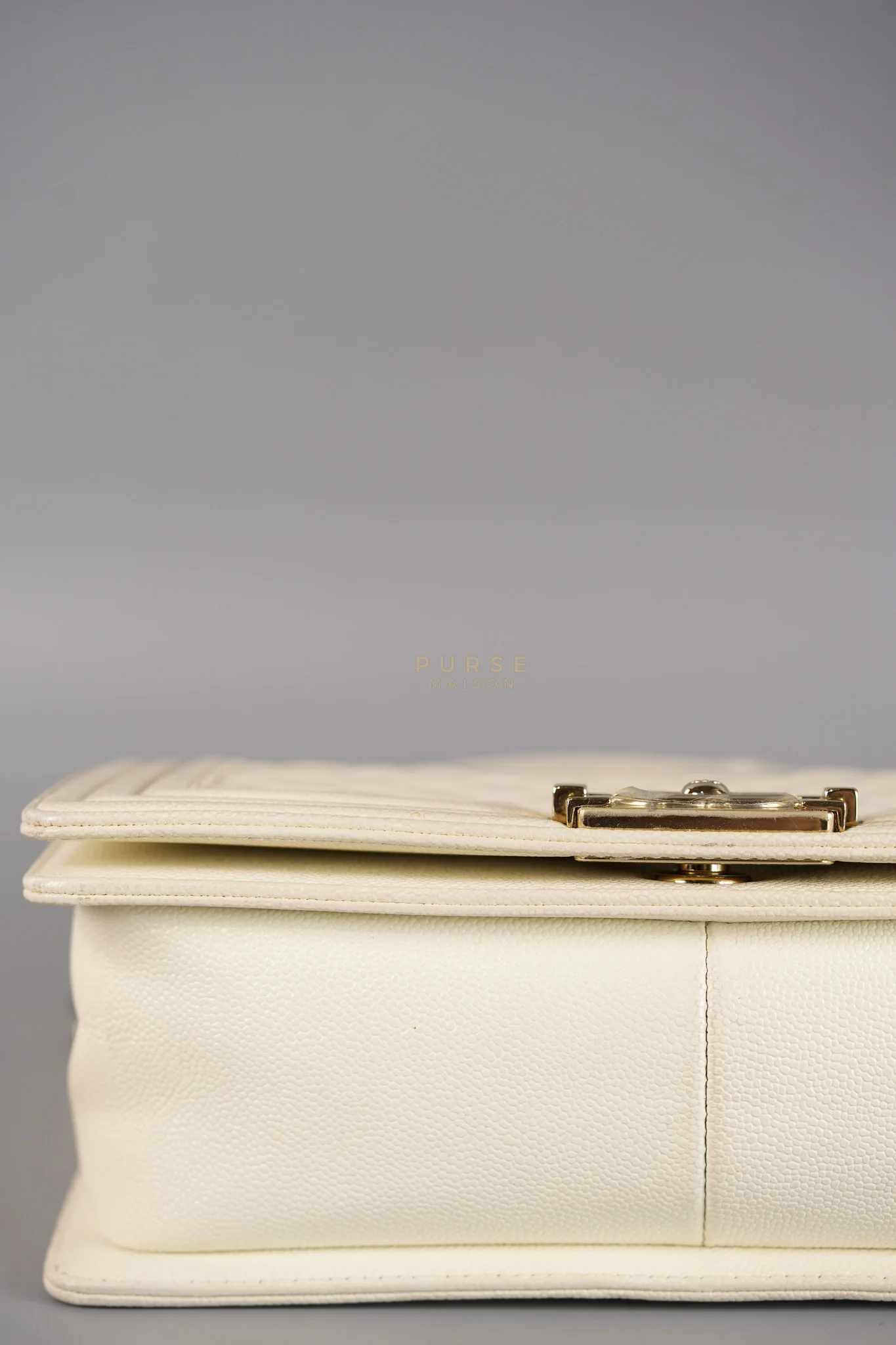 Chanel Boy Old Medium in Off White Caviar Leather and Light Gold Hardware (Microchip) - Image 12