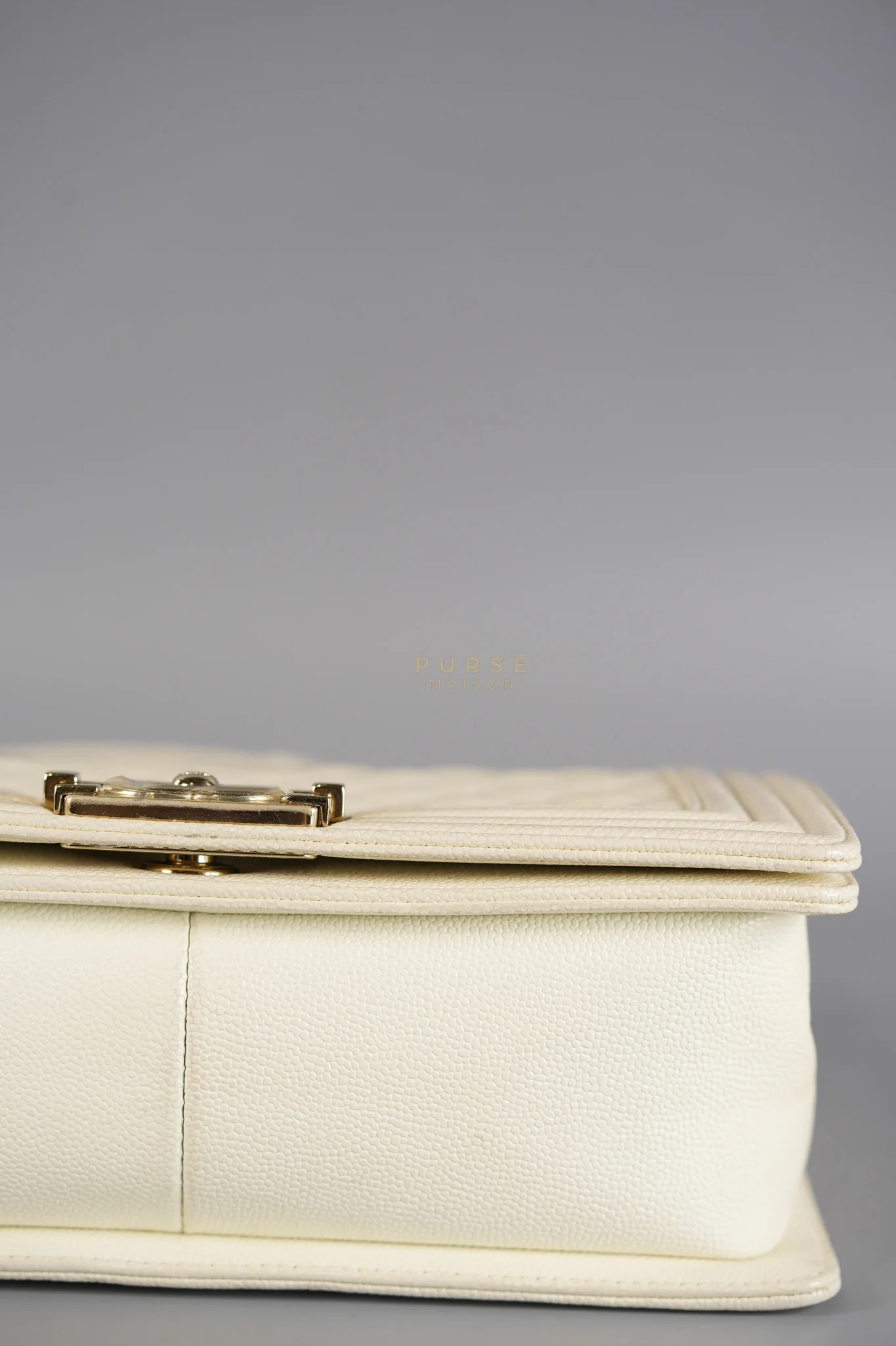 Chanel Boy Old Medium in Off White Caviar Leather and Light Gold Hardware (Microchip) - Image 13