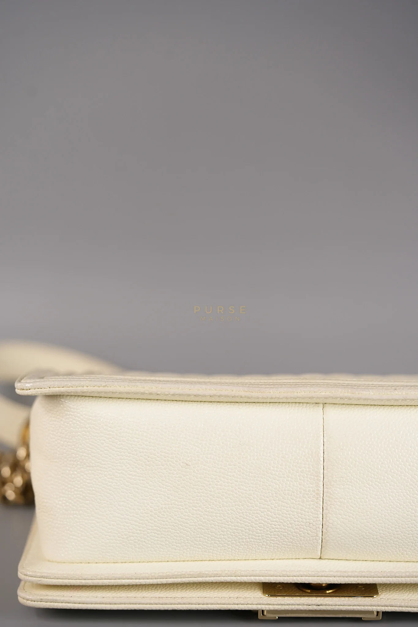 Chanel Boy Old Medium in Off White Caviar Leather and Light Gold Hardware (Microchip) - Image 14