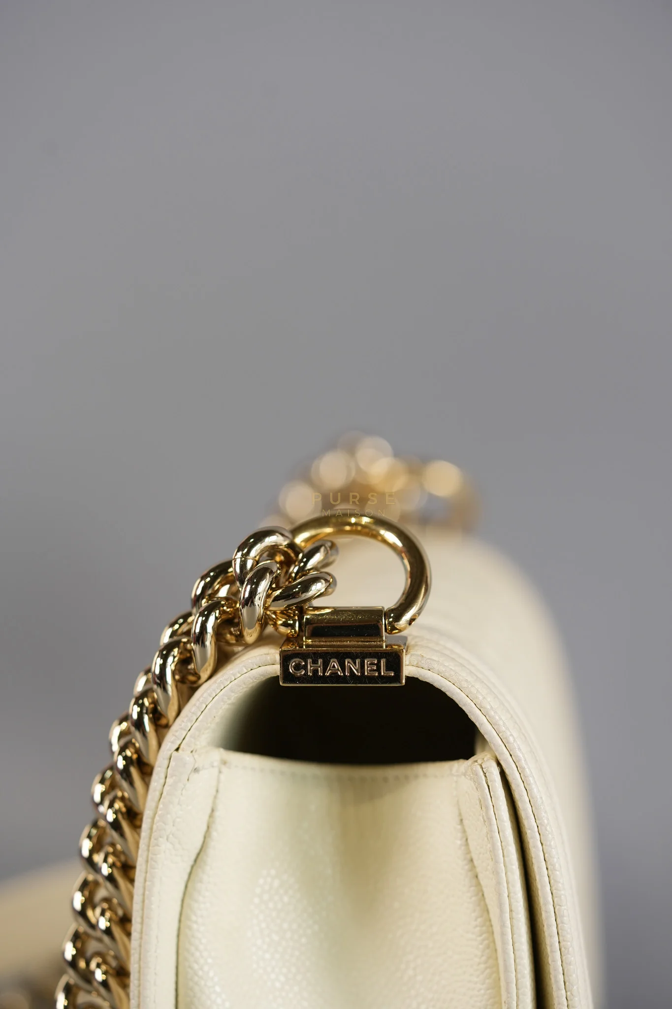 Chanel Boy Old Medium in Off White Caviar Leather and Light Gold Hardware (Microchip) - Image 16