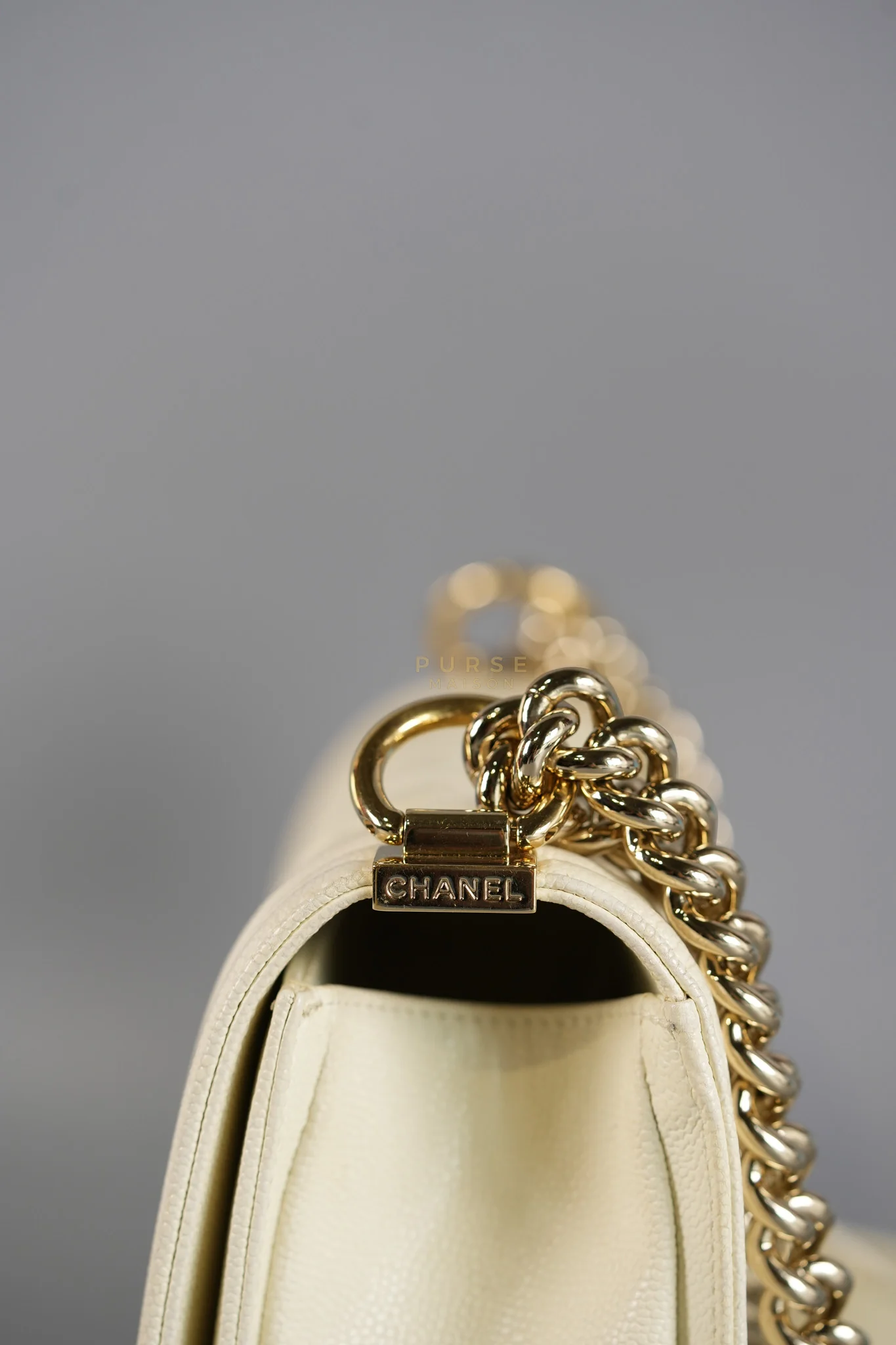 Chanel Boy Old Medium in Off White Caviar Leather and Light Gold Hardware (Microchip) - Image 17