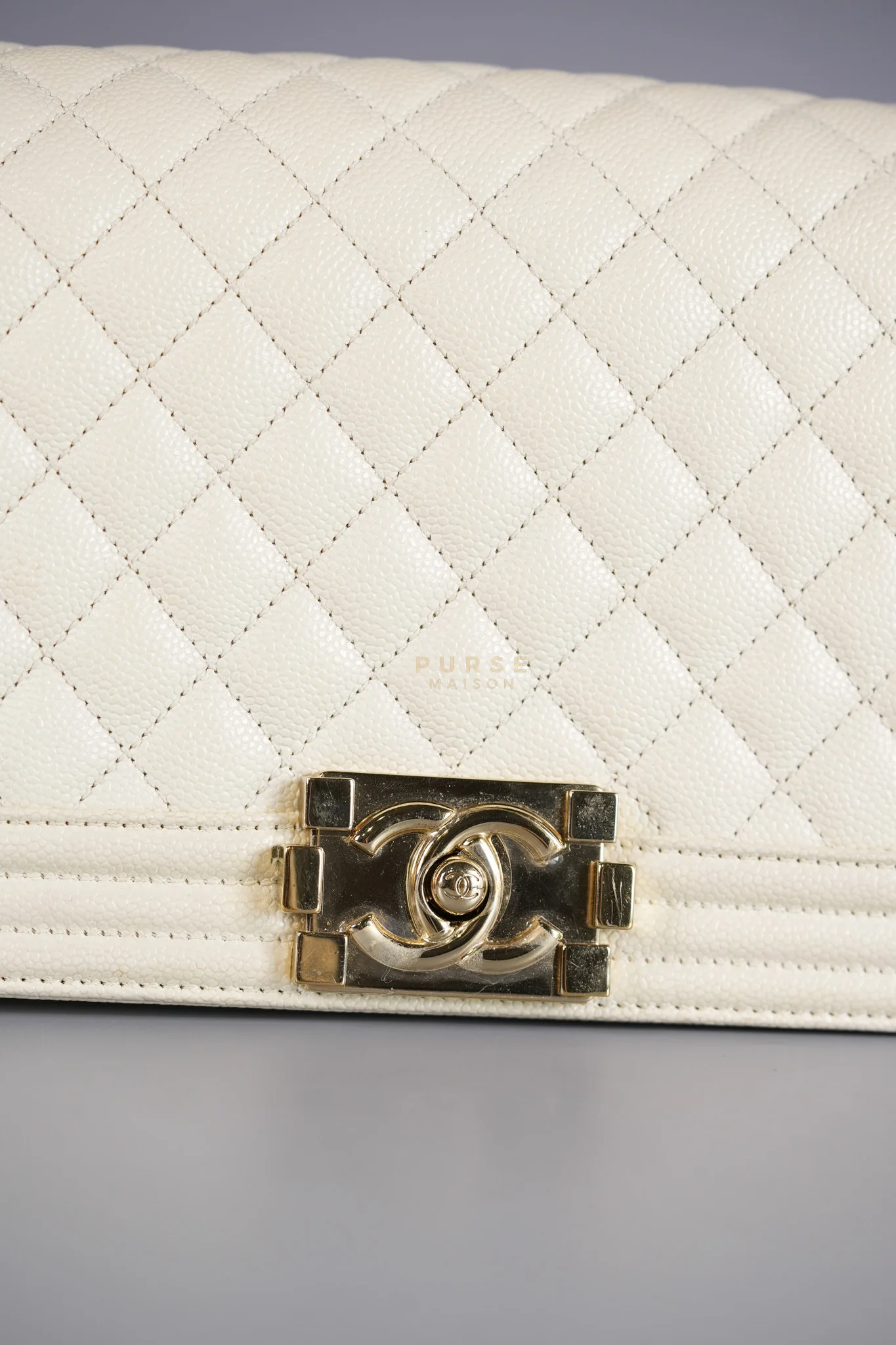 Chanel Boy Old Medium in Off White Caviar Leather and Light Gold Hardware (Microchip) - Image 18