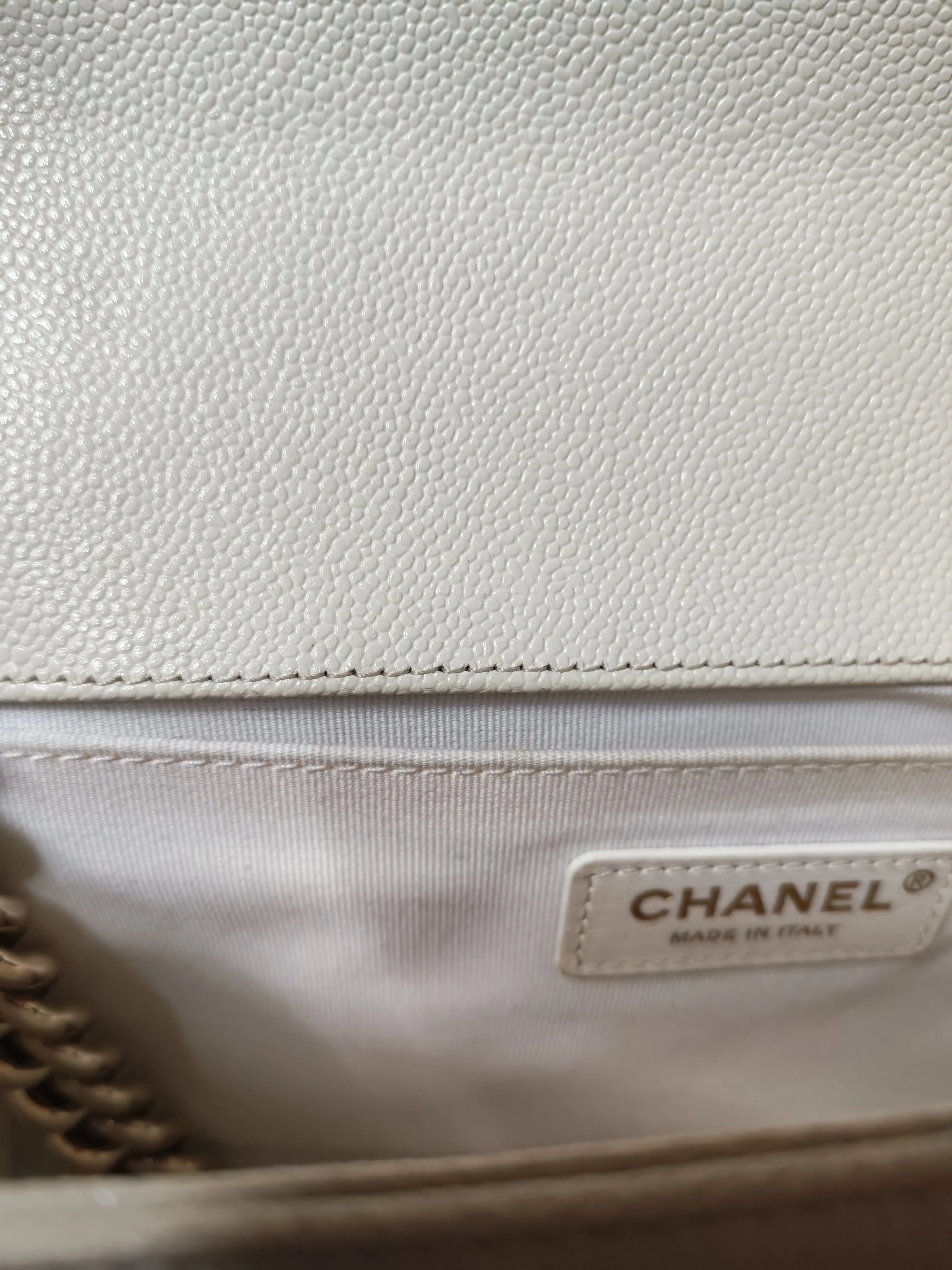 Chanel Boy Old Medium in Off White Caviar Leather and Light Gold Hardware (Microchip) - Image 43