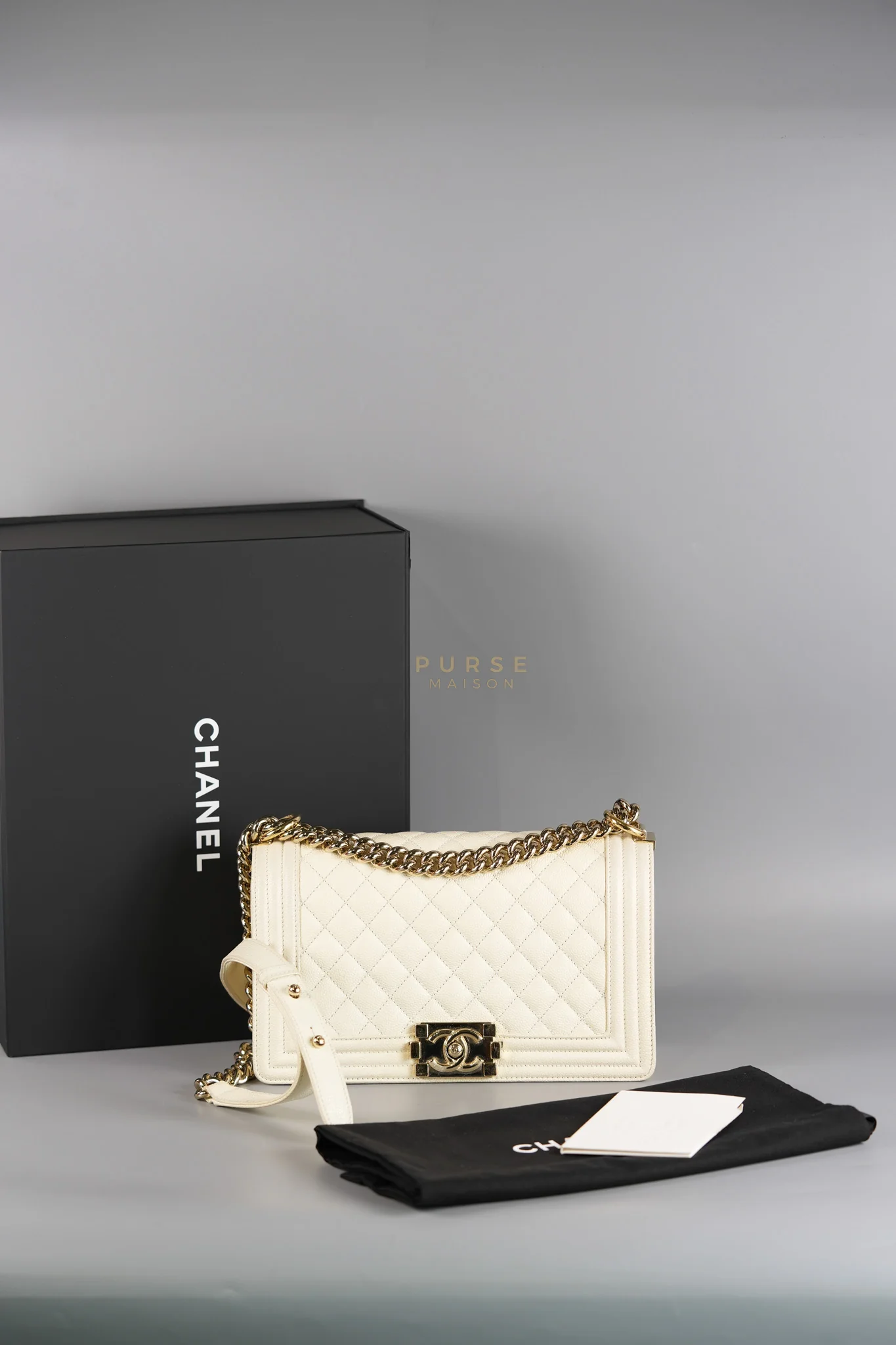Chanel Boy Old Medium in Off White Caviar Leather and Light Gold Hardware (Microchip) - Image 49