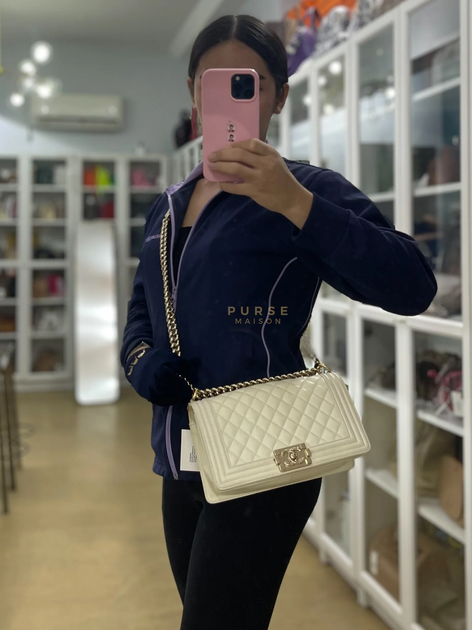 Chanel Boy Old Medium in Off White Caviar Leather and Light Gold Hardware (Microchip) - Image 50