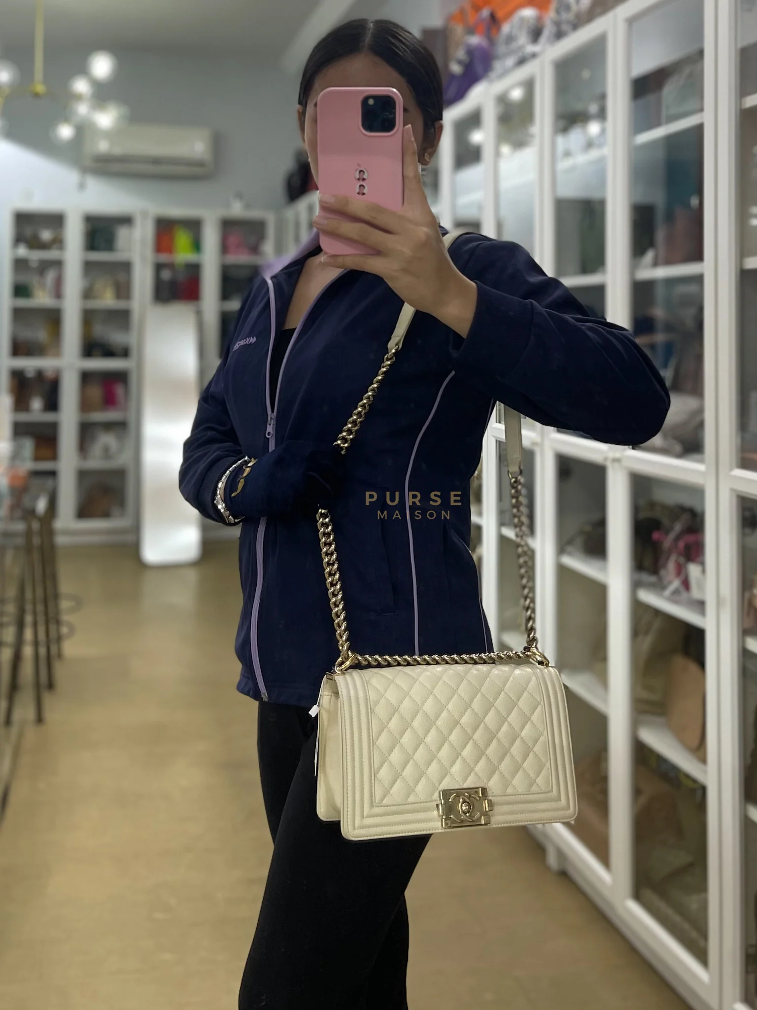 Chanel Boy Old Medium in Off White Caviar Leather and Light Gold Hardware (Microchip) - Image 51