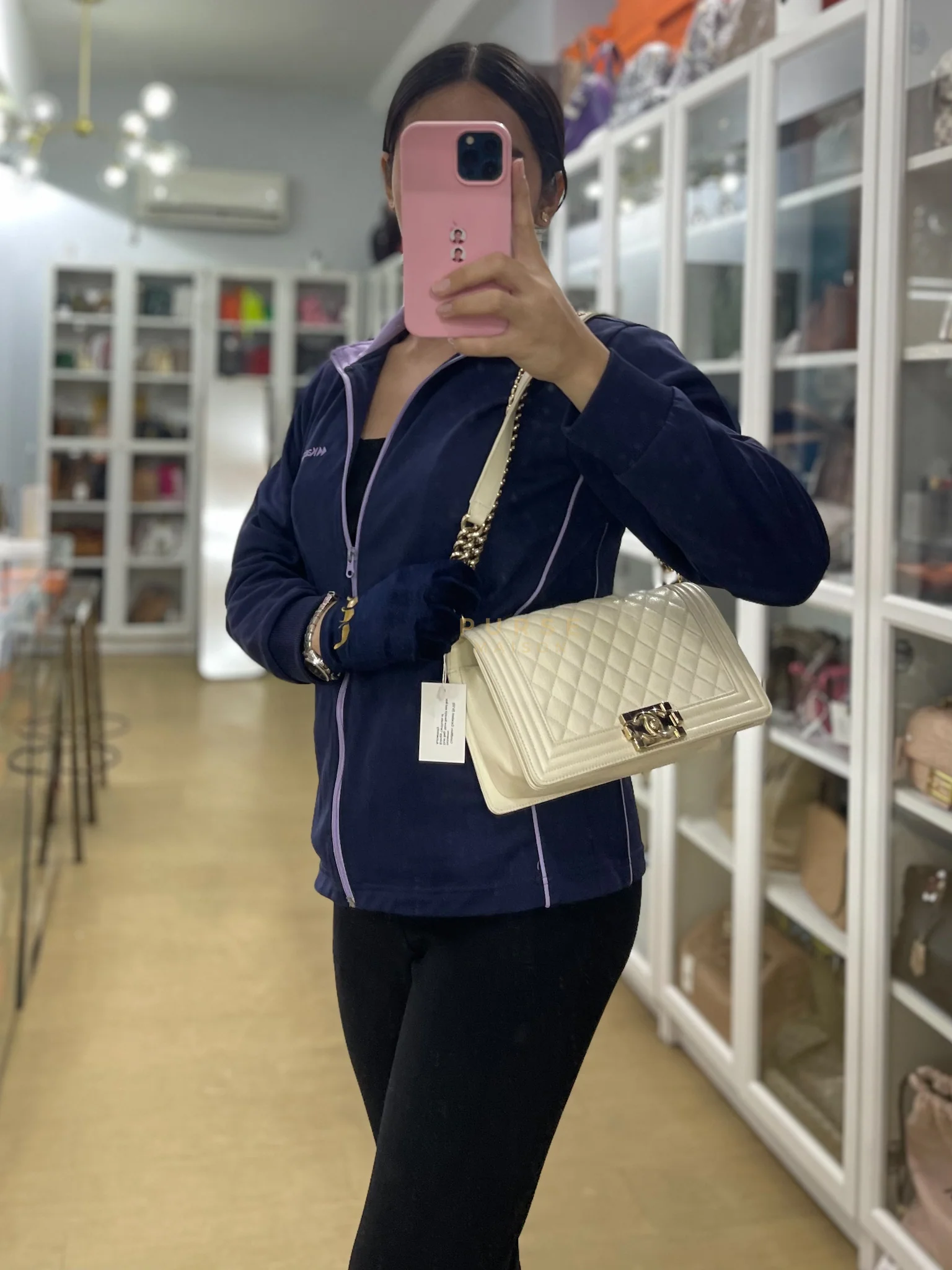 Chanel Boy Old Medium in Off White Caviar Leather and Light Gold Hardware (Microchip) - Image 52