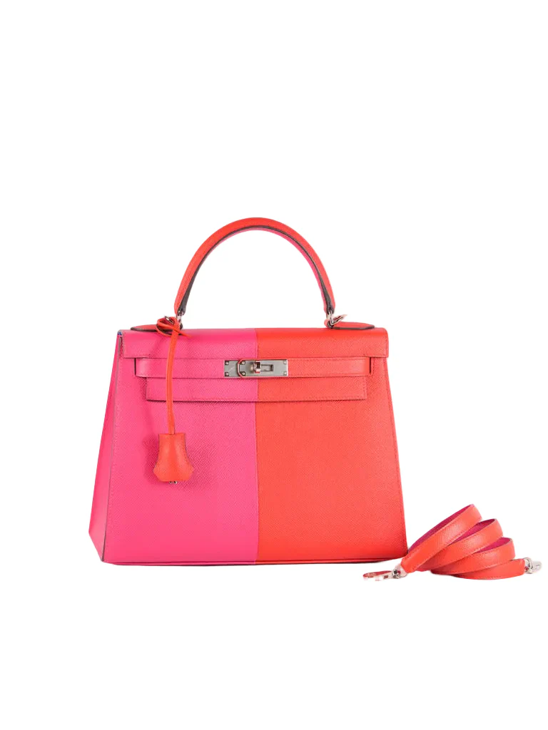 Hermes Kelly 28 Sellier in Rouge Coeur/Rose Extreme/Blue Zanzibar Epsom Leather and Palladium Hardware Stamp Z (2021) - Image 3