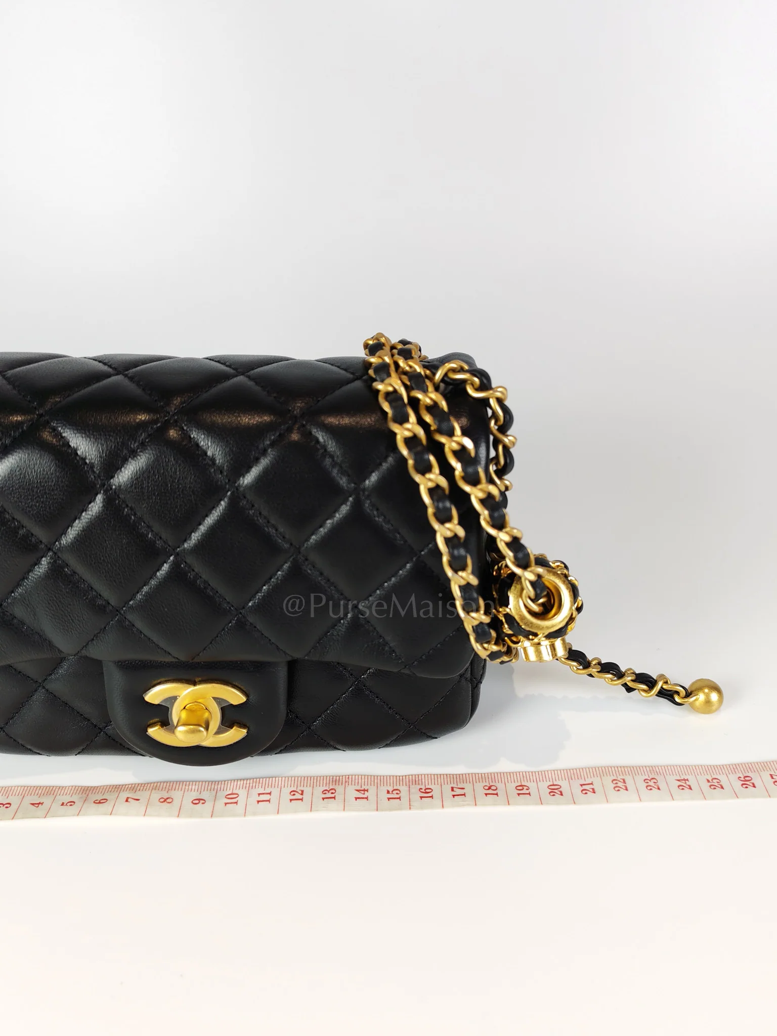 Chanel 22S Mini Square Pearl Crush in Black Lambskin Leather and Aged Gold Harwadre (Microchip) - Image 30