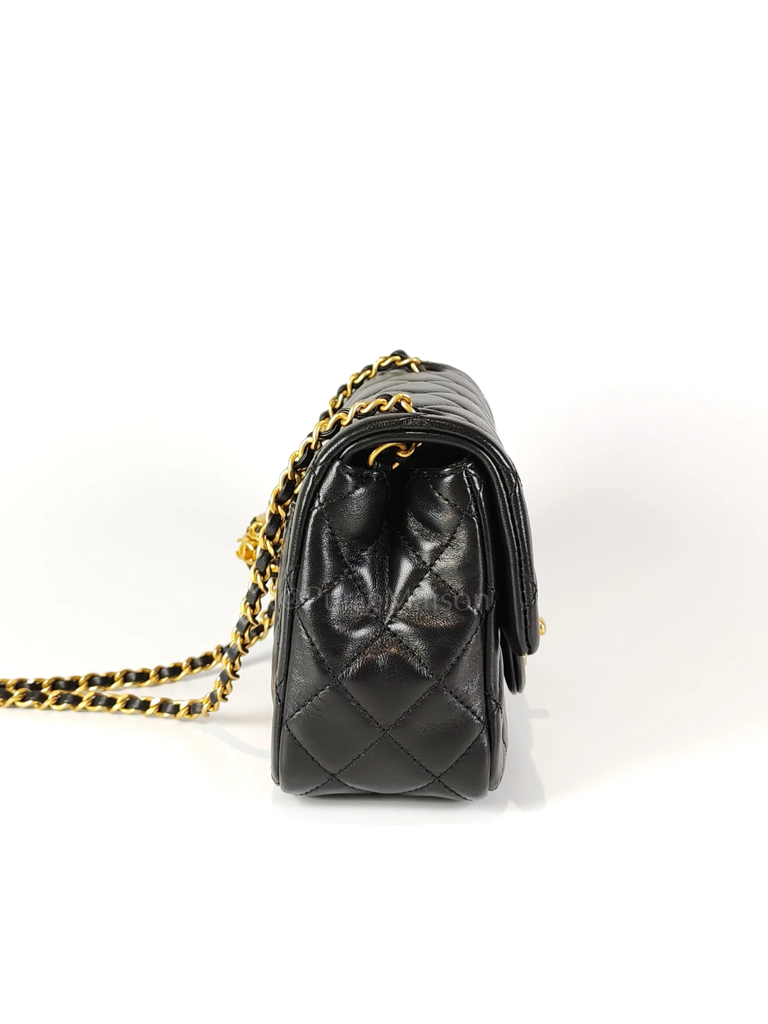 Chanel 22S Mini Square Pearl Crush in Black Lambskin Leather and Aged Gold Harwadre (Microchip) - Image 4