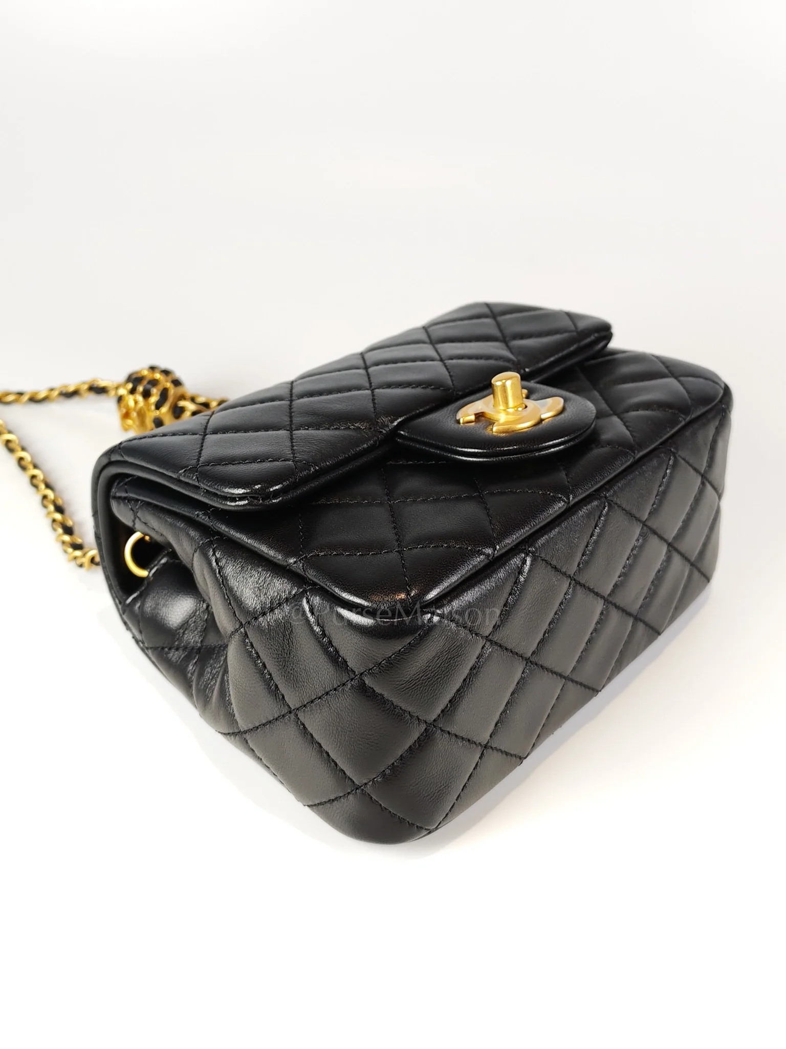 Chanel 22S Mini Square Pearl Crush in Black Lambskin Leather and Aged Gold Harwadre (Microchip) - Image 8