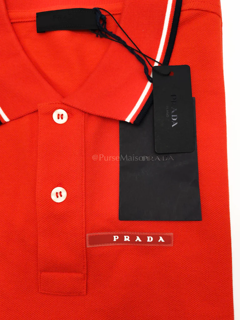 Prada Piquet Arancio Orange Woven Polo Shirt Size Large - Image 7