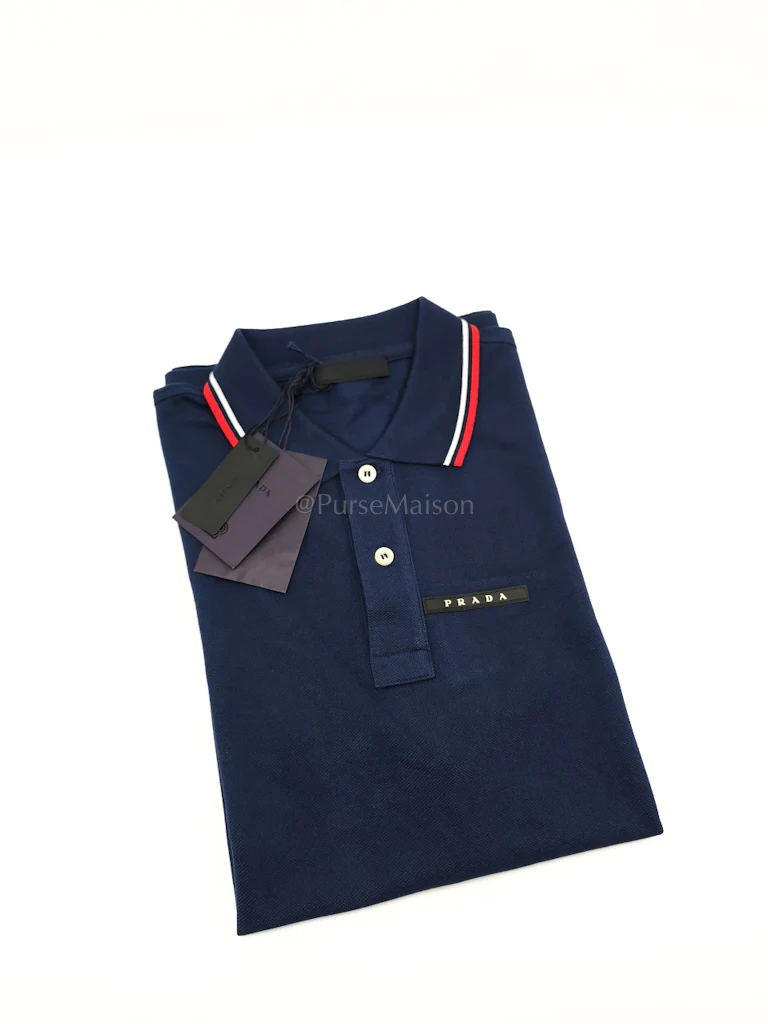 Prada Inchiostro Blue Woven Polo Shirt Size Large - Image 3