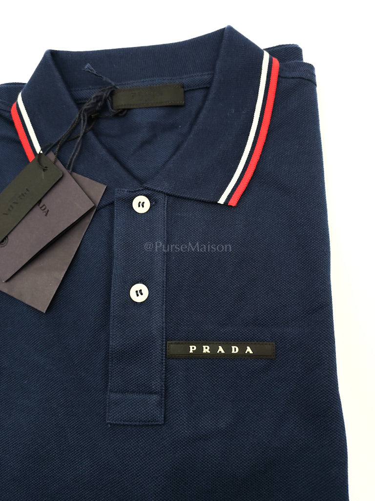 Prada Inchiostro Blue Woven Polo Shirt Size Large - Image 4