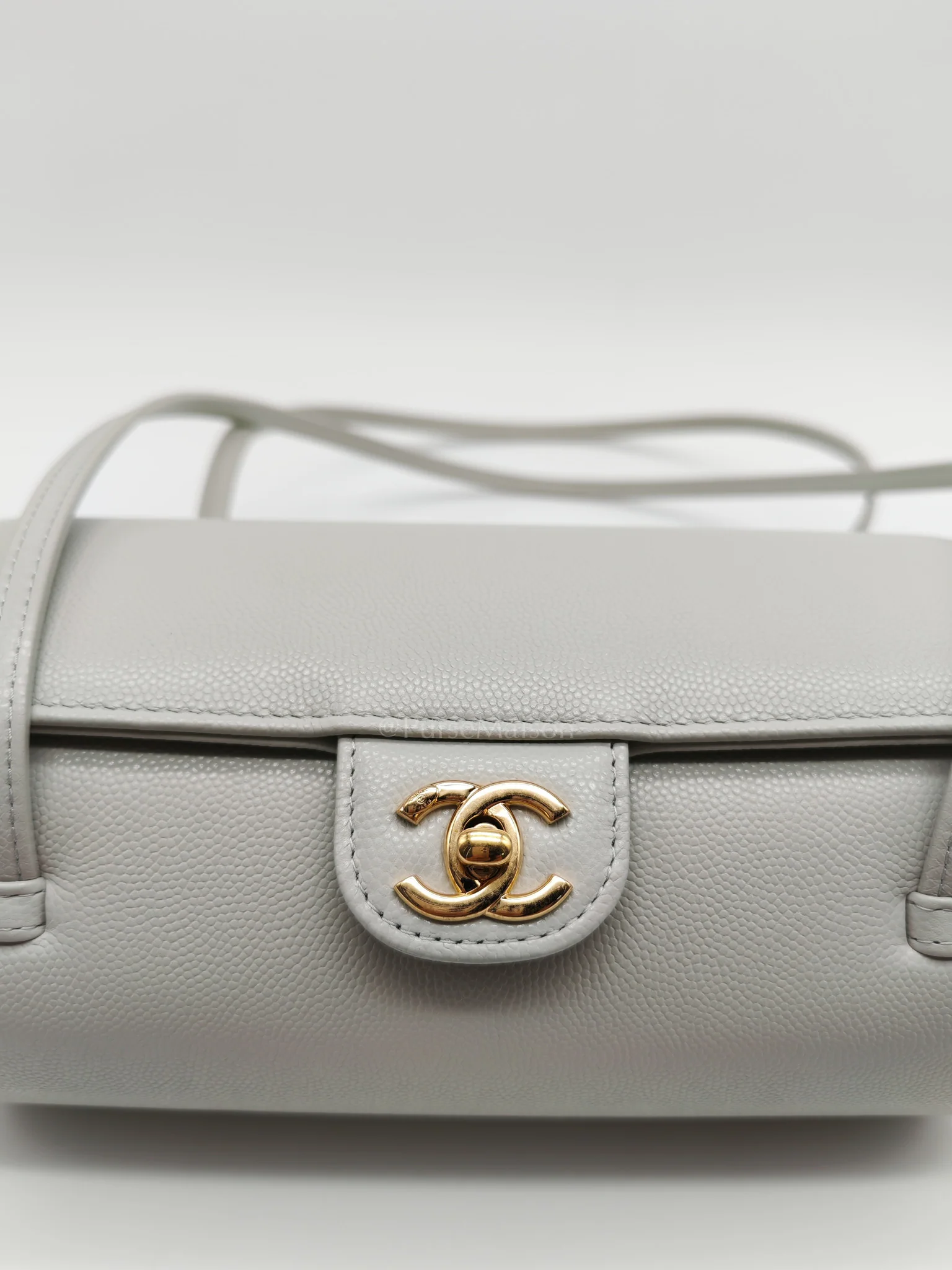 Chanel Preppy Coco Bowling Bag in Light Gray Caviar Leather & Brushed Gold Hardware (2026 Collection) - Image 12
