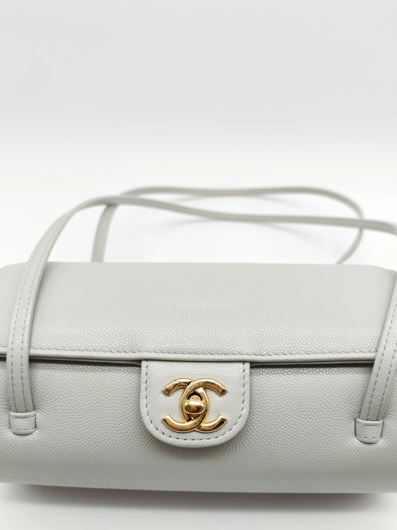 Chanel Preppy Coco Bowling Bag in Light Gray Caviar Leather & Brushed Gold Hardware (2026 Collection) - Image 13