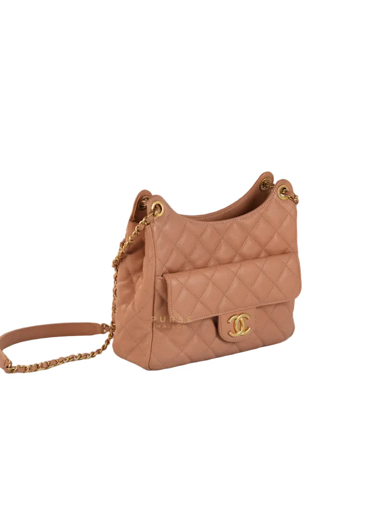 Chanel Wavy Small Hobo Caramel Caviar Leather in Aged Gold Hardware (Microchip) - Image 2