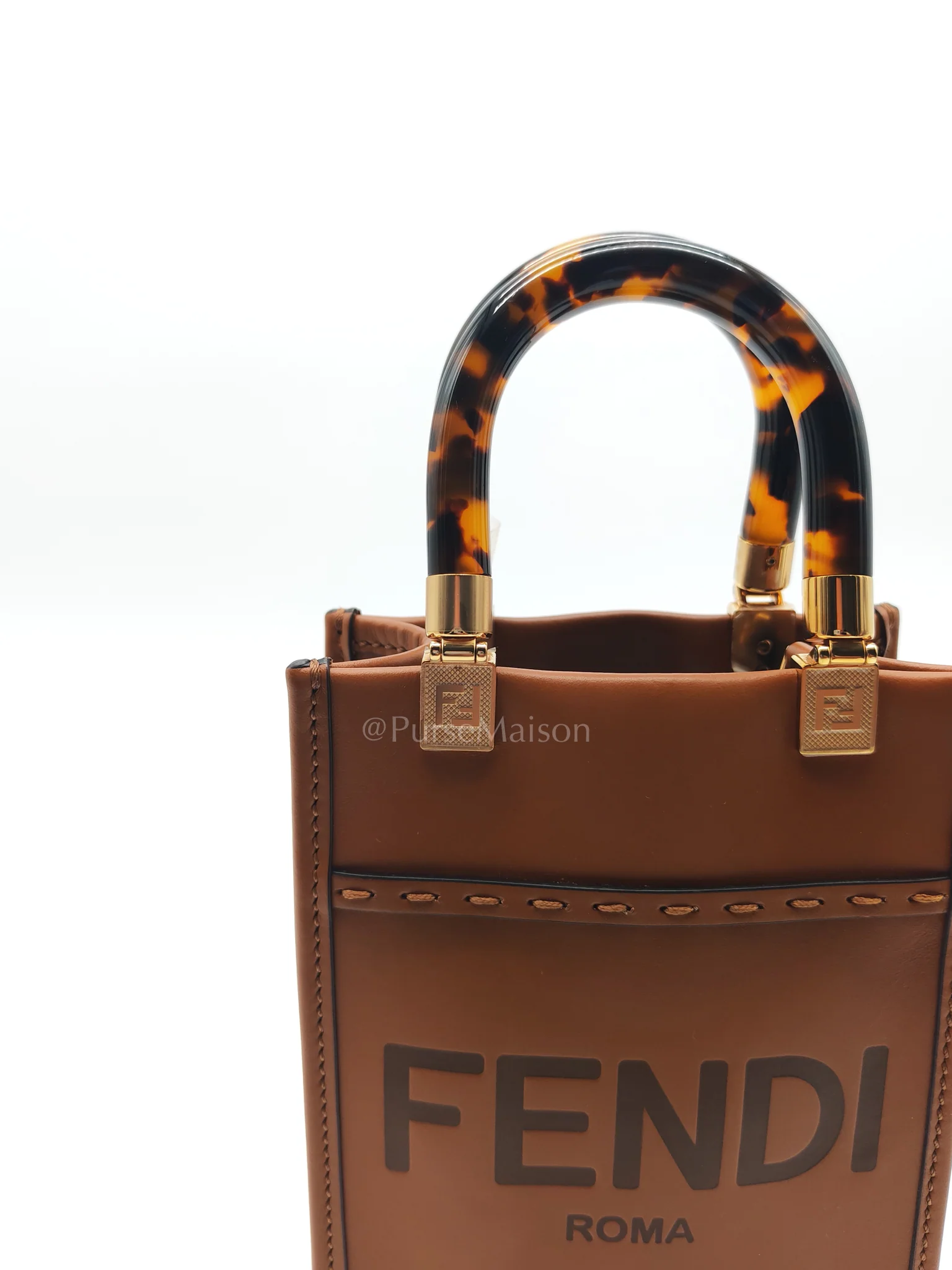 Fendi Roma Sunshine Mini Shopper Bag in Brown Calfskin Leather and Tortoise-Shell Handle - Image 18
