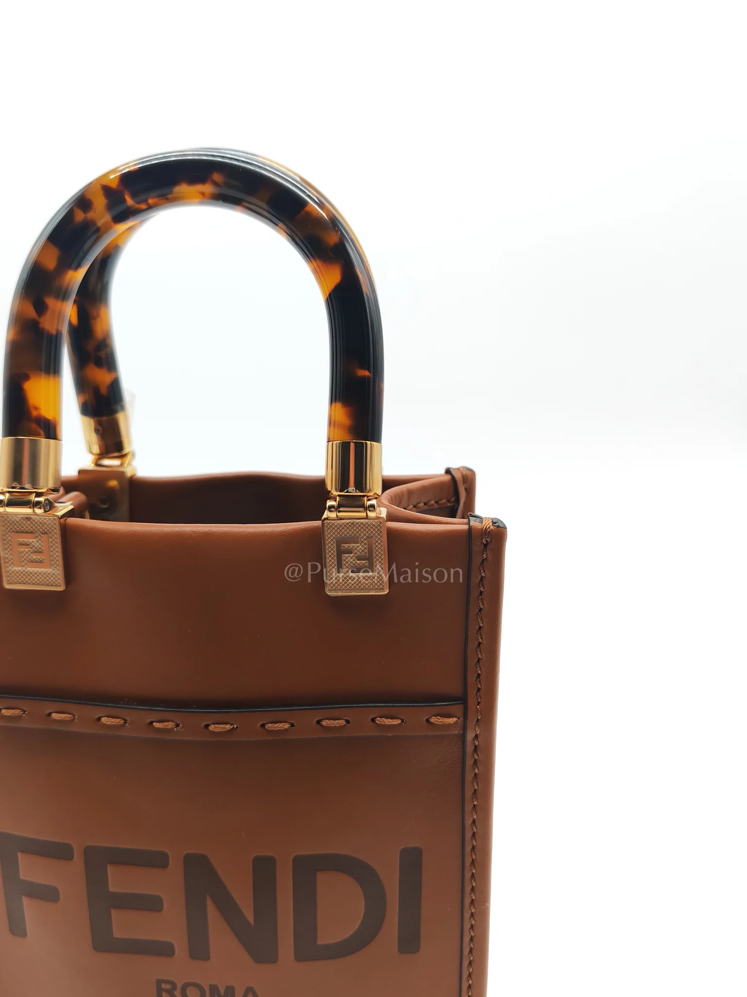 Fendi Roma Sunshine Mini Shopper Bag in Brown Calfskin Leather and Tortoise-Shell Handle - Image 19