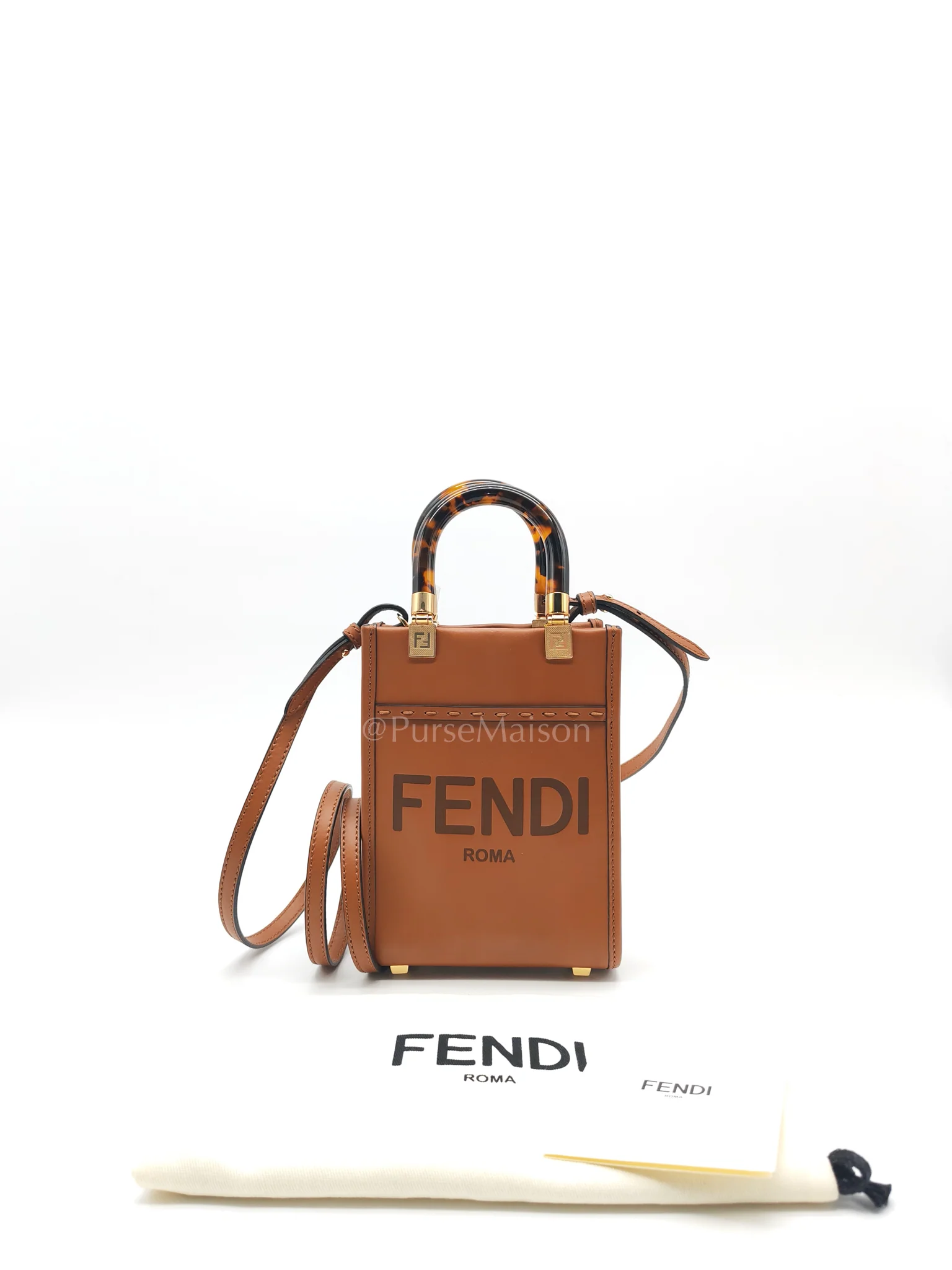 Fendi Roma Sunshine Mini Shopper Bag in Brown Calfskin Leather and Tortoise-Shell Handle - Image 34